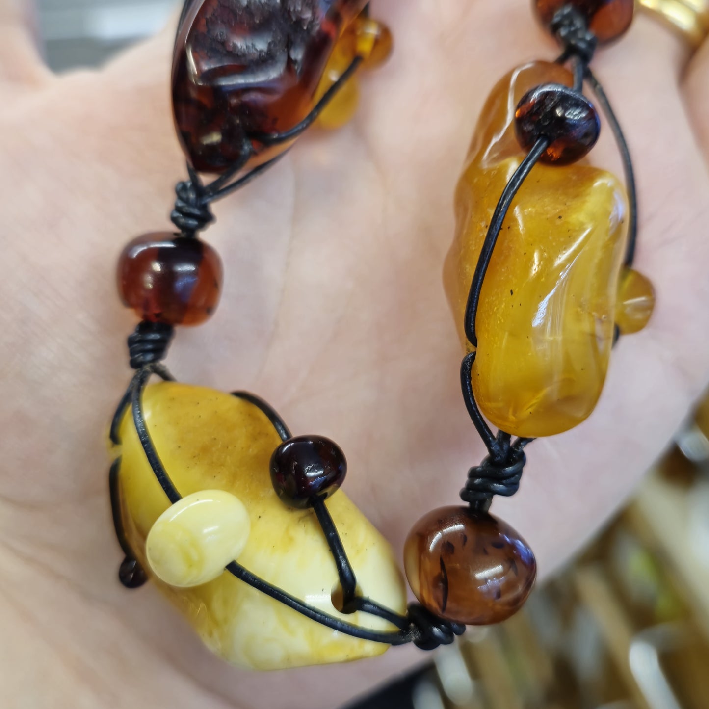 Huge Multi Coloured Amber Leather Cord Statement Naturalistic Beaded Necklace