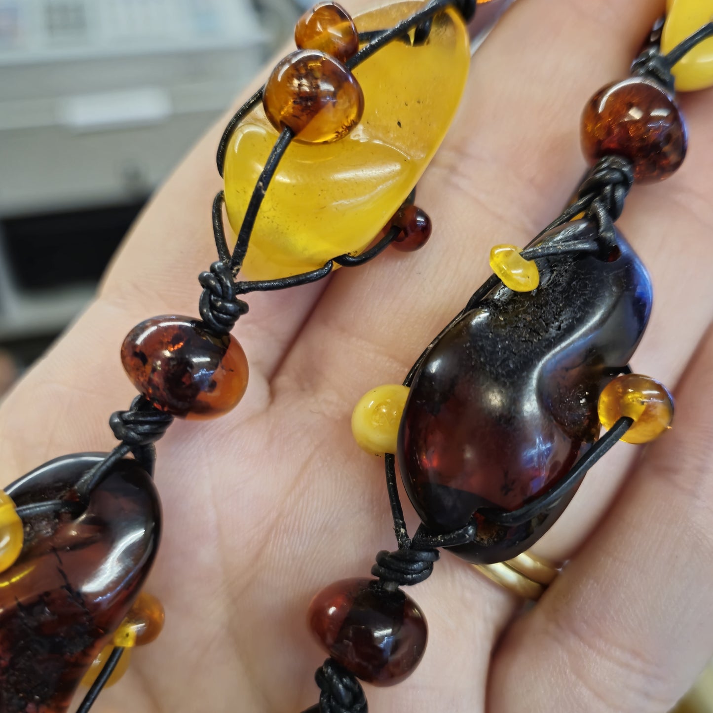 Huge Multi Coloured Amber Leather Cord Statement Naturalistic Beaded Necklace