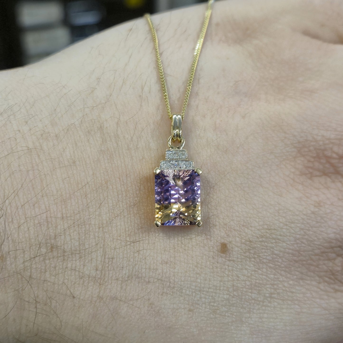 10ct Ametrine and Diamond Pendant and 9ct Curb Chain