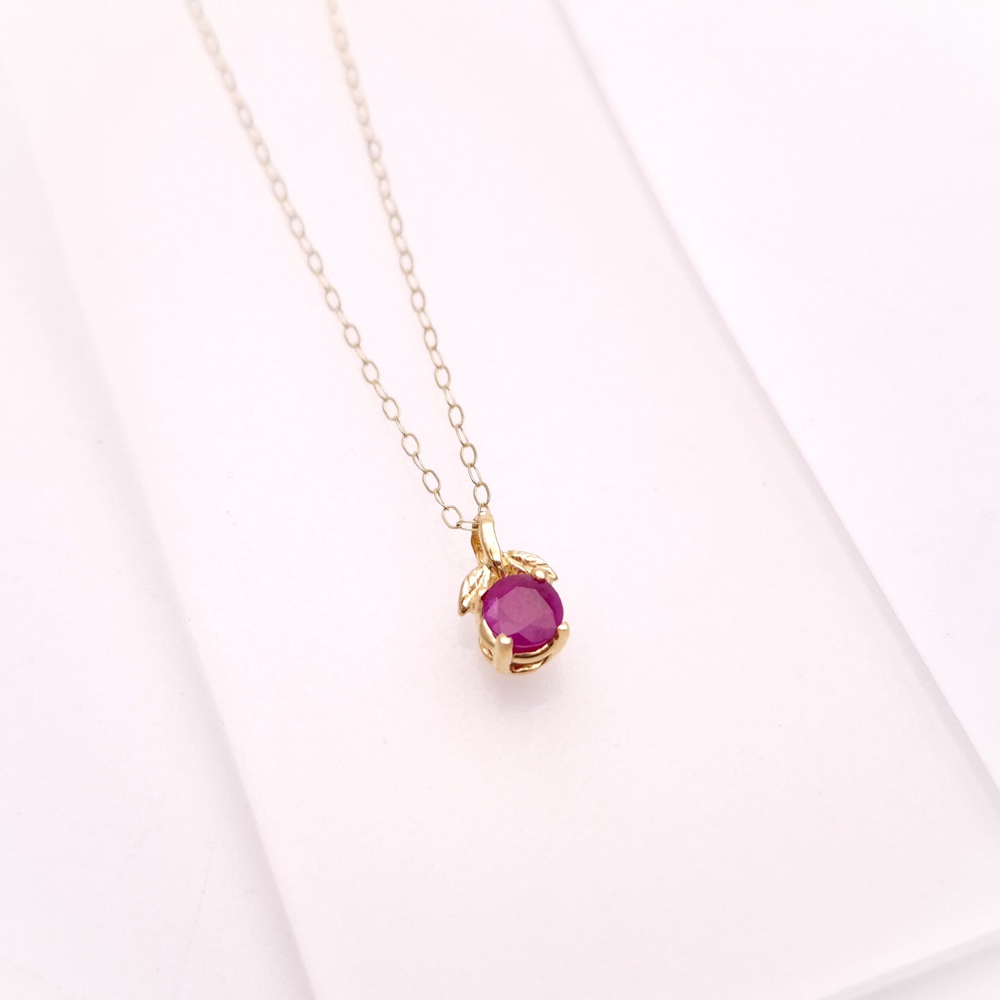 14ct Yellow Gold Leaf Detail Ruby Solitaire Pendant and 9ct Gold Chain