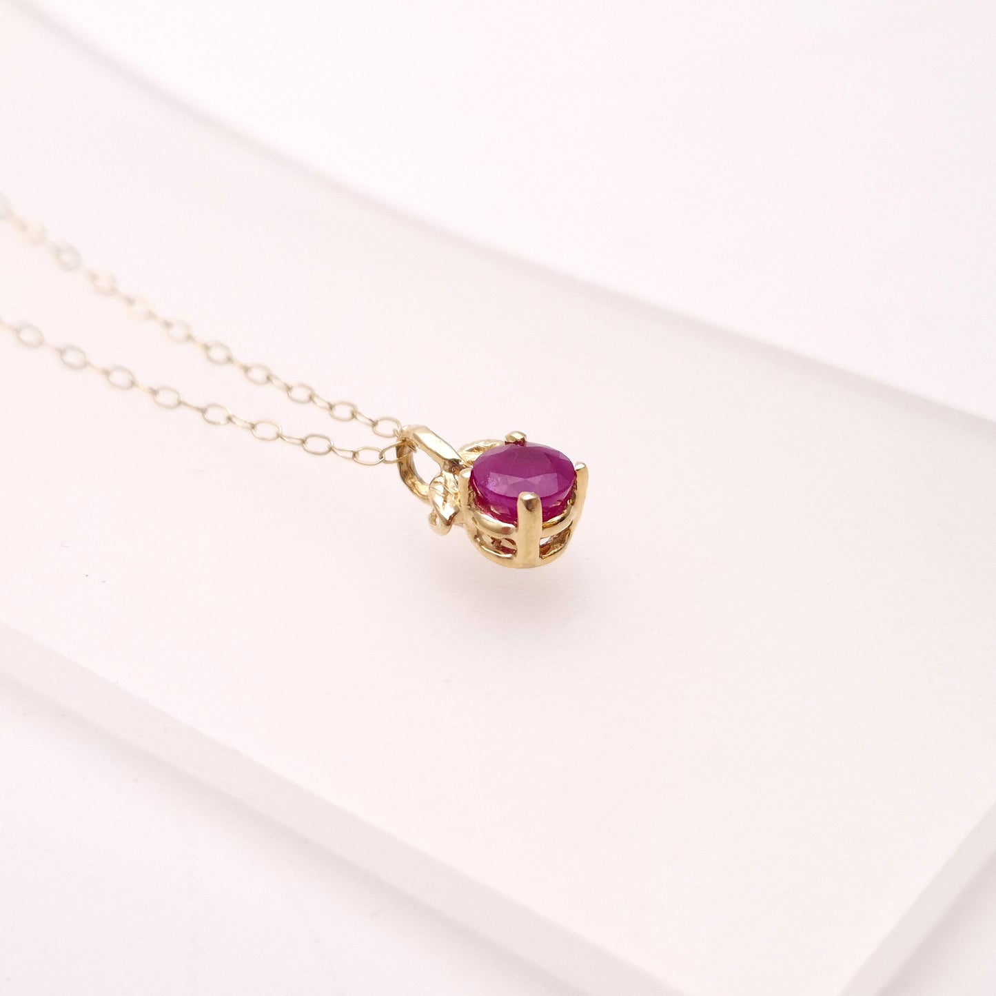 14ct Yellow Gold Leaf Detail Ruby Solitaire Pendant and 9ct Gold Chain