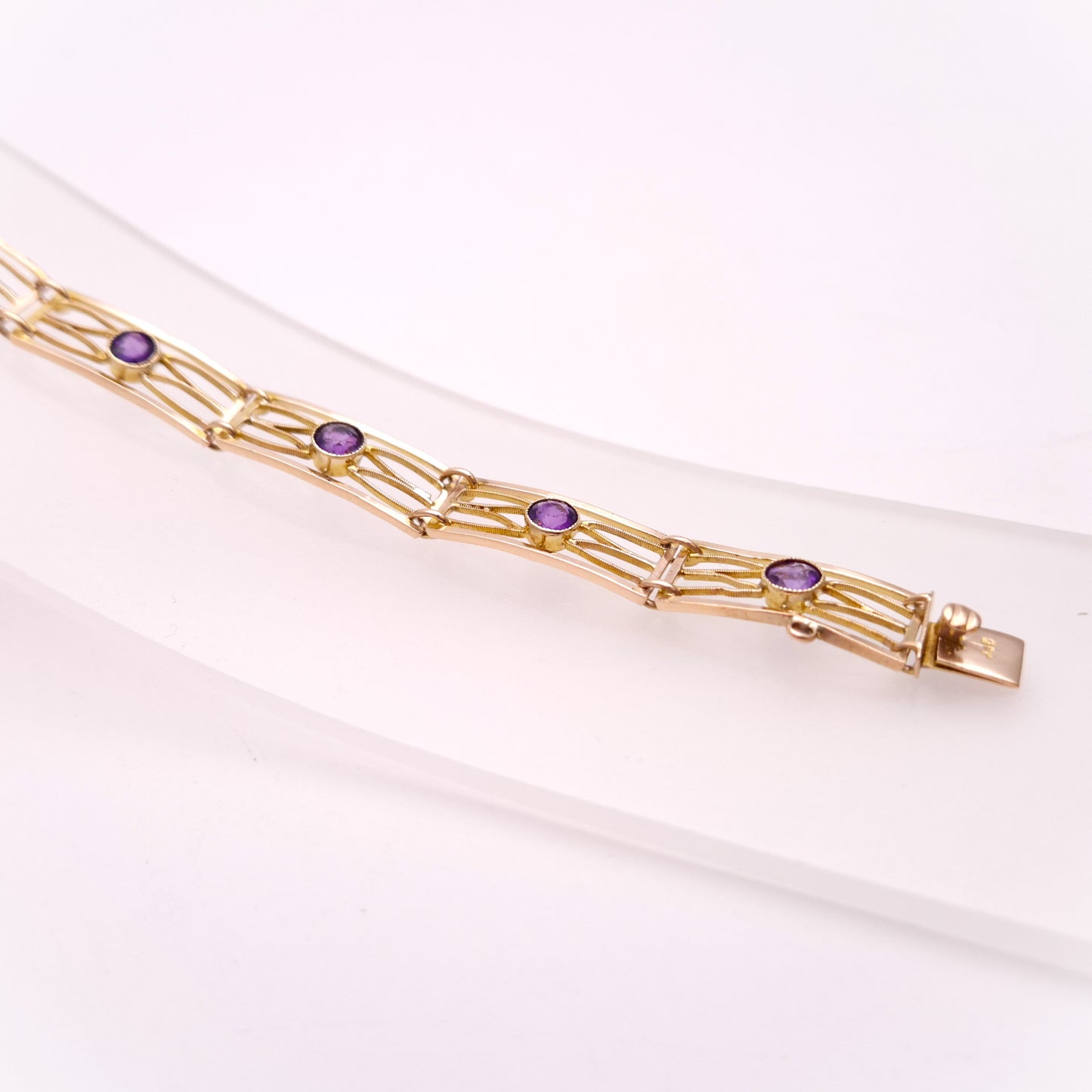 9ct Rose Gold Amethyst Set Open Work Rectangular Link Bracelet