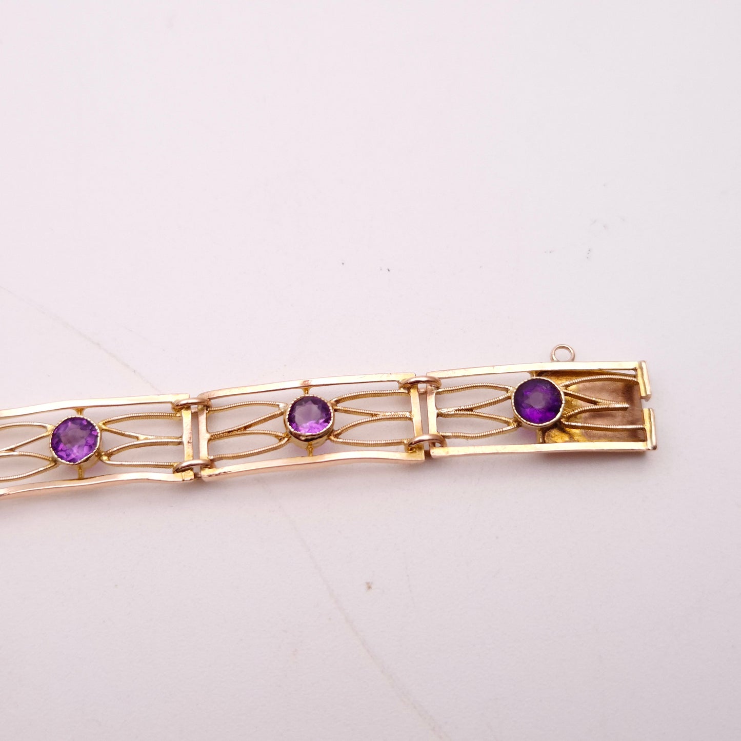 9ct Rose Gold Amethyst Set Open Work Rectangular Link Bracelet
