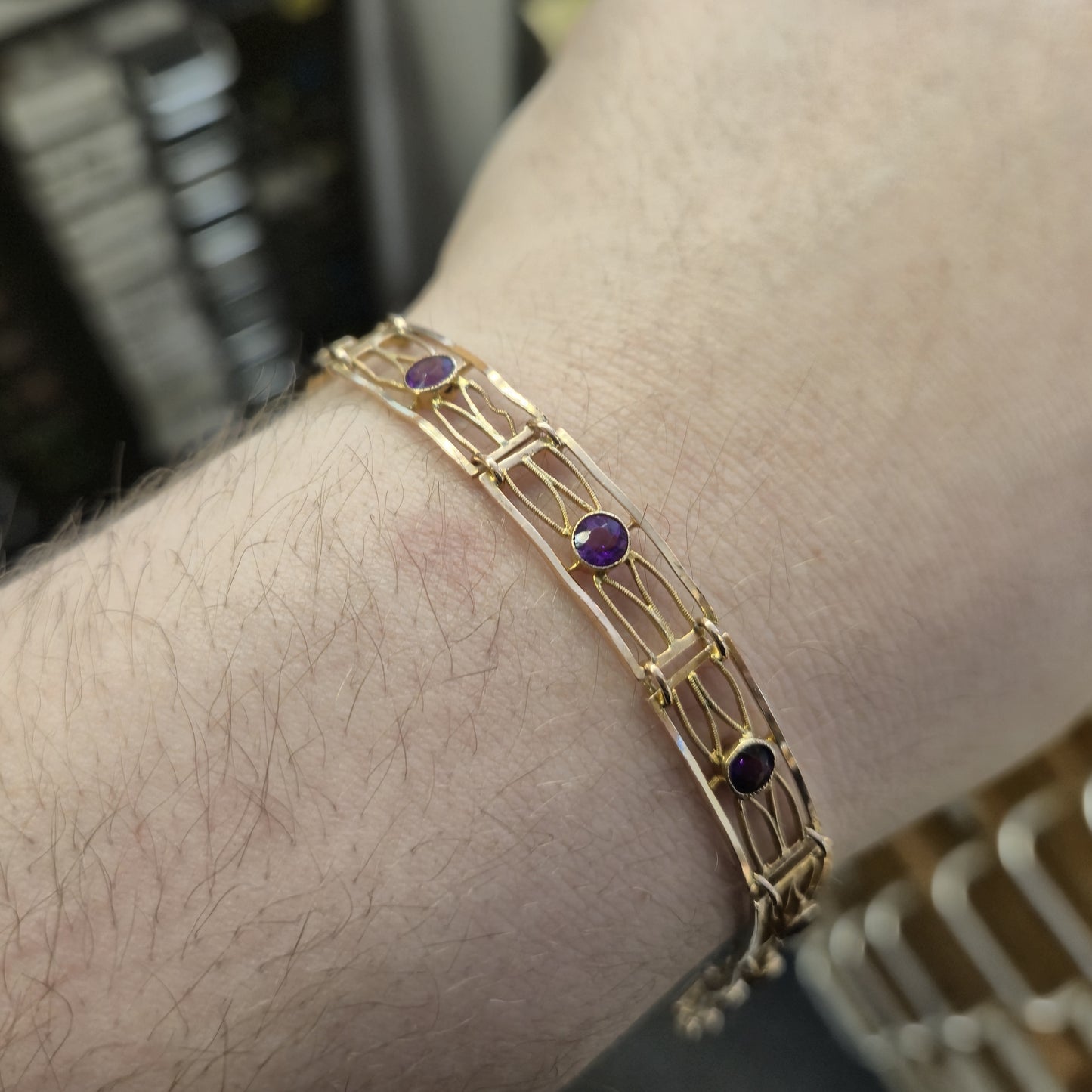 9ct Rose Gold Amethyst Set Open Work Rectangular Link Bracelet
