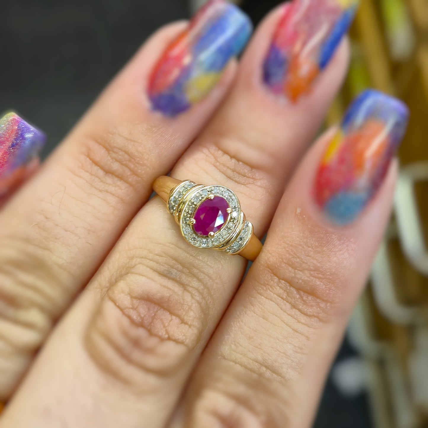 9ct Yellow Gold Ruby and Diamond Halo Cluster Ring