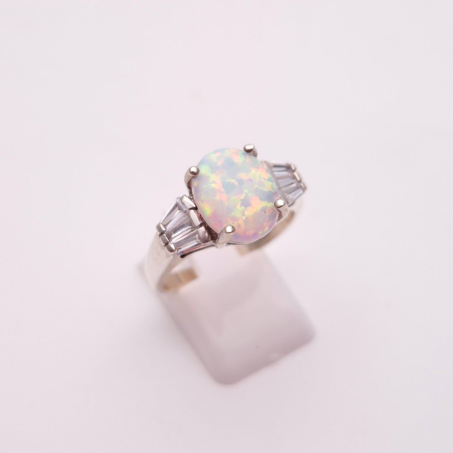 Sterling Silver Synthetic Opal and CZ Cubic Zirconia Multi-Stone Ring