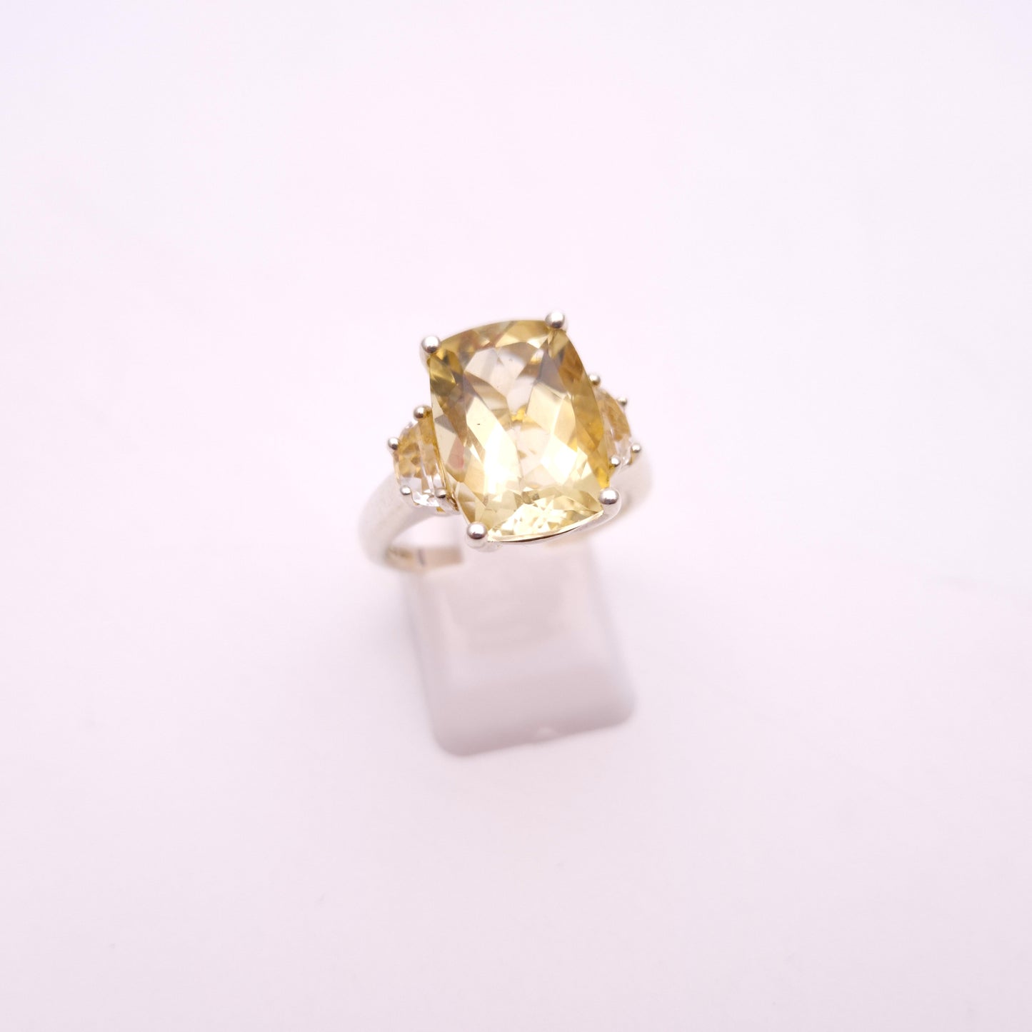 Sterling Silver Lemon Quartz and Clear Quartz Trilogy statement Ring