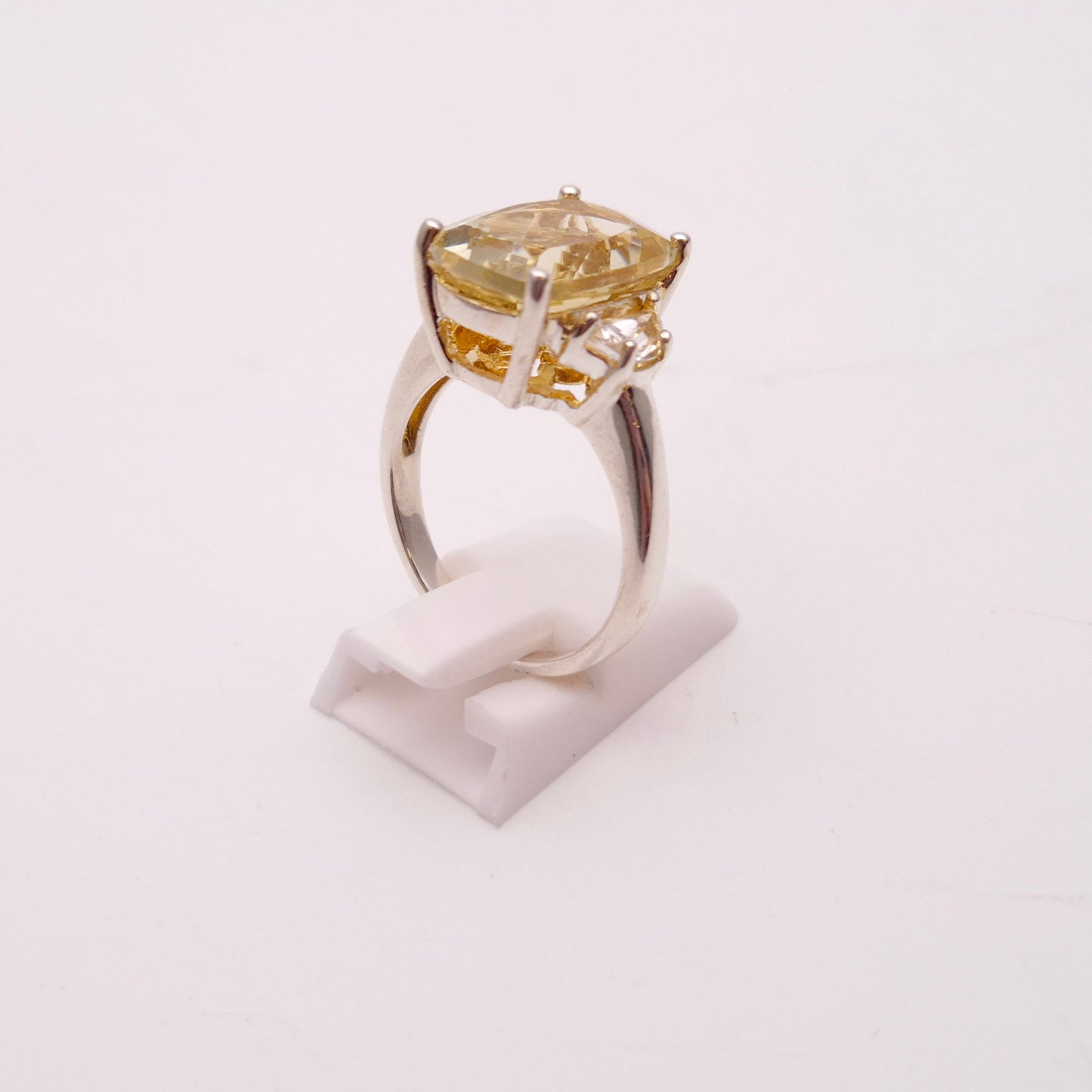 Sterling Silver Lemon Quartz and Clear Quartz Trilogy statement Ring
