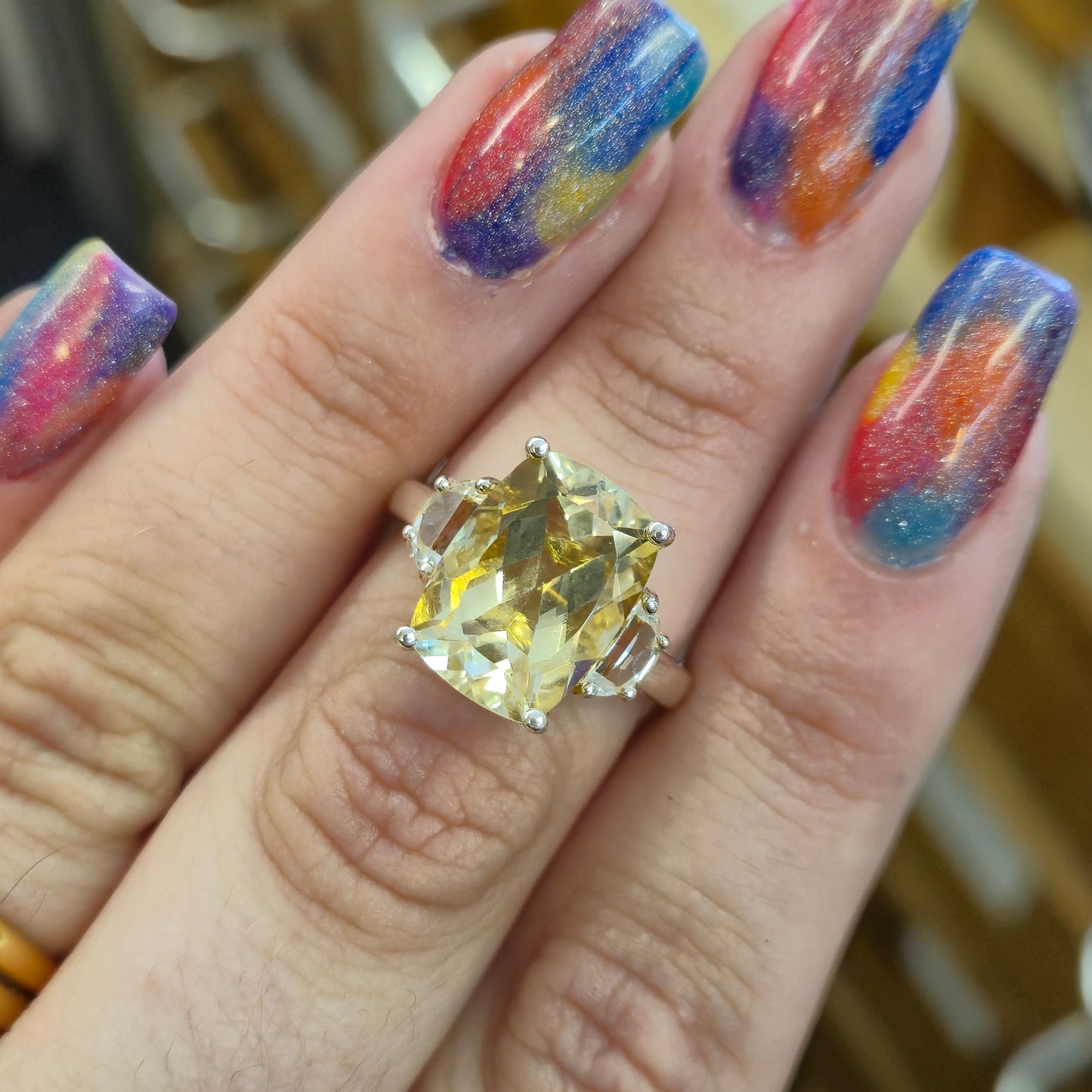 Sterling Silver Lemon Quartz and Clear Quartz Trilogy statement Ring