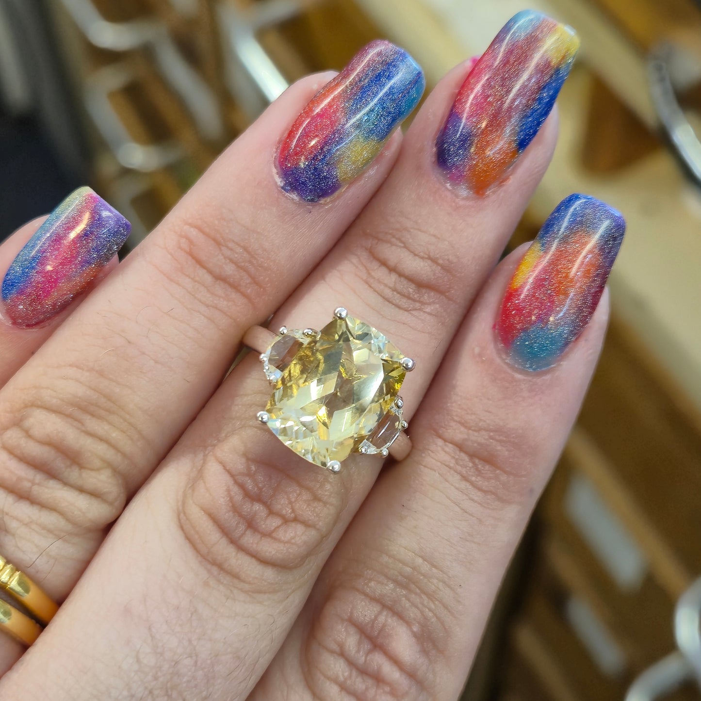 Sterling Silver Lemon Quartz and Clear Quartz Trilogy statement Ring