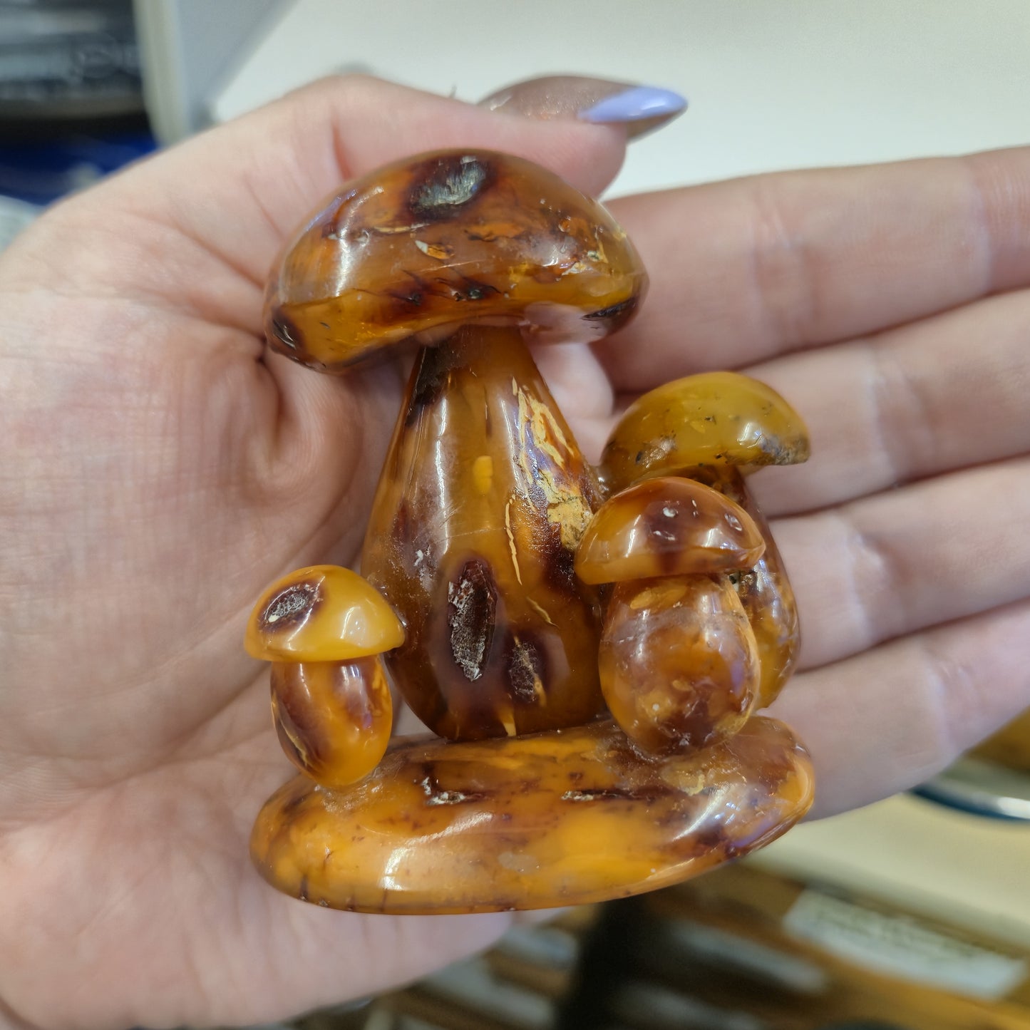 Small Carved Amber Statue / Sculpture of Mushroom Cluster