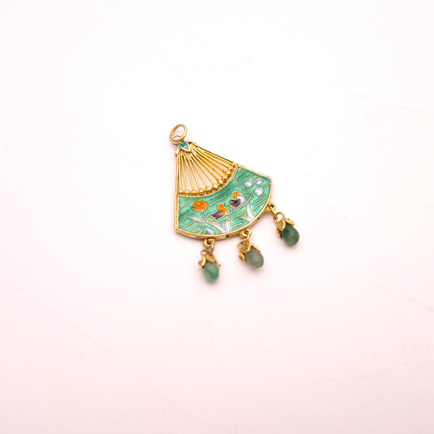 Gold Plated Silver Vintage Asian Cloisonne Fan With Jadeite Droppers Pendant