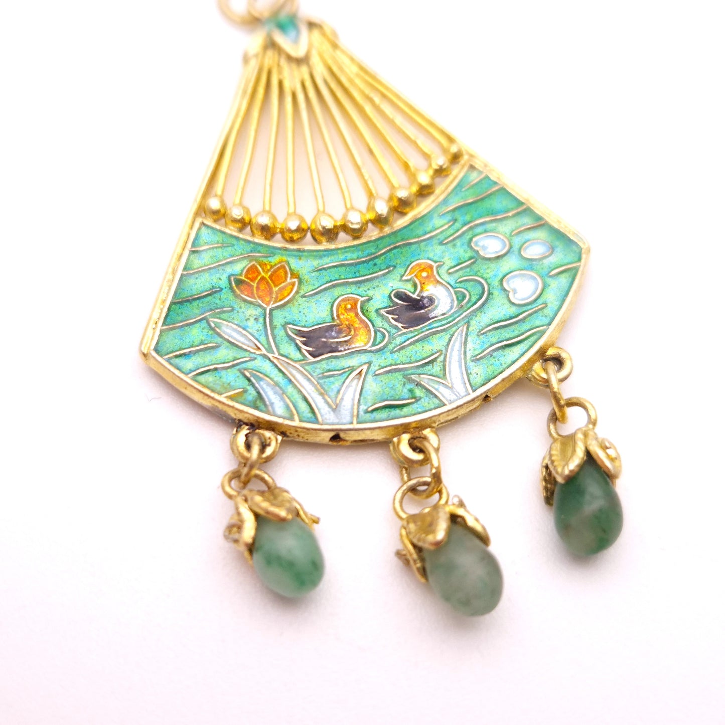Gold Plated Silver Vintage Asian Cloisonne Fan With Jadeite Droppers Pendant