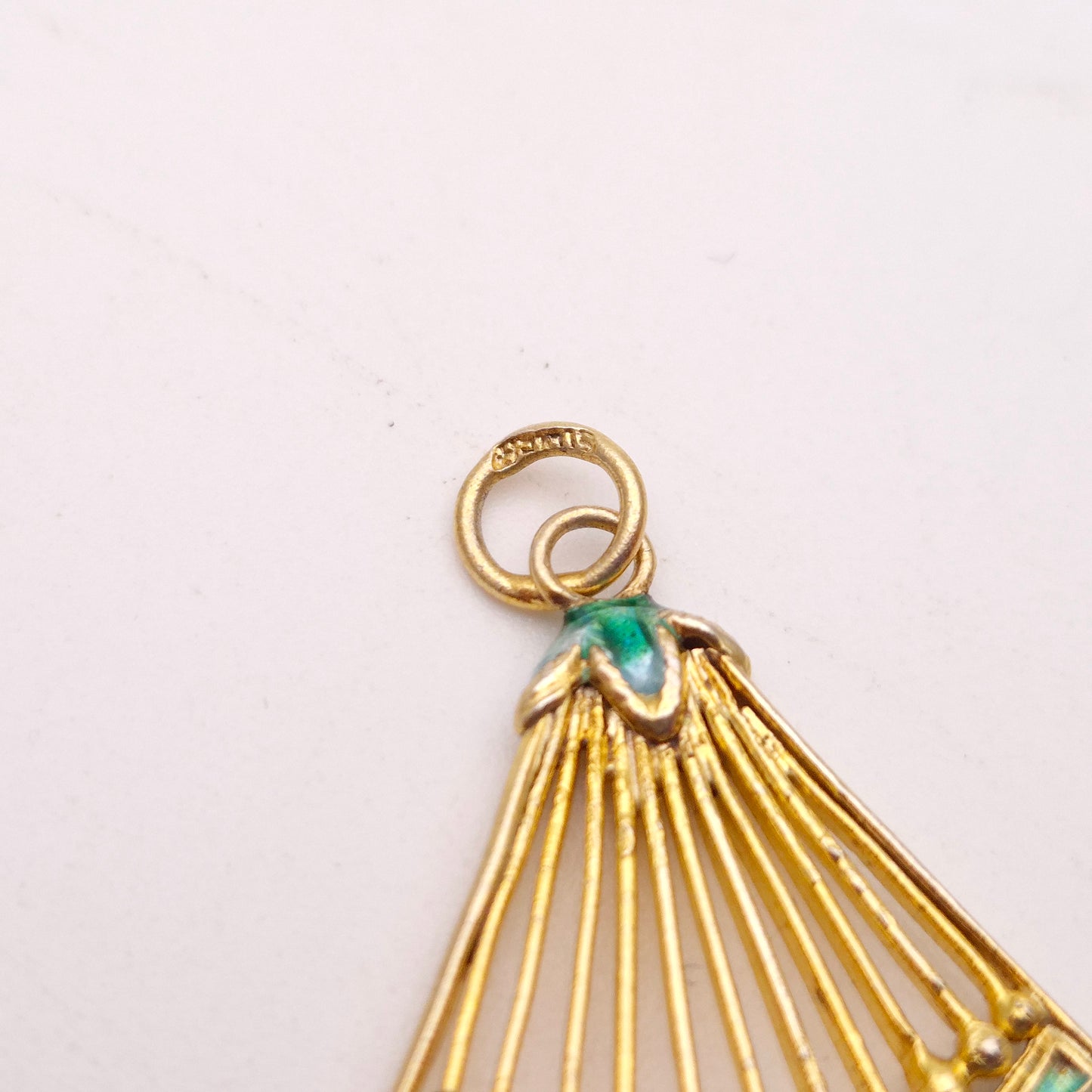 Gold Plated Silver Vintage Asian Cloisonne Fan With Jadeite Droppers Pendant