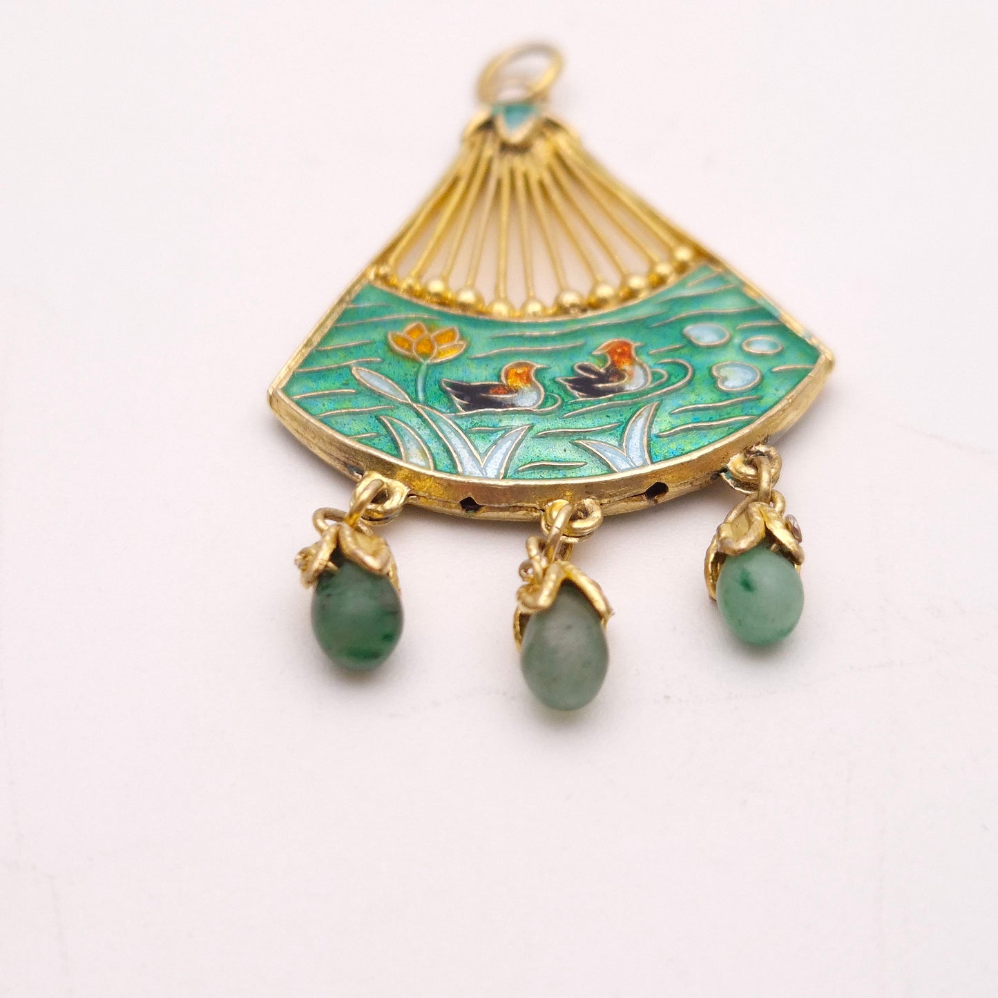 Gold Plated Silver Vintage Asian Cloisonne Fan With Jadeite Droppers Pendant