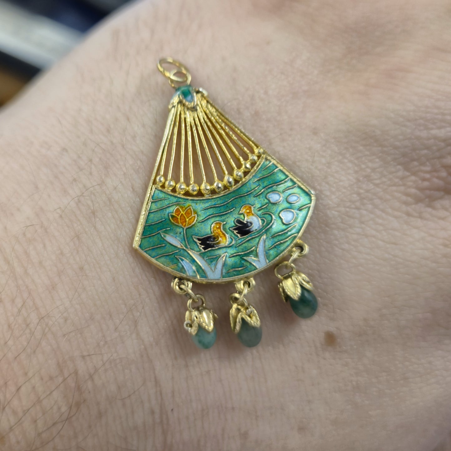 Gold Plated Silver Vintage Asian Cloisonne Fan With Jadeite Droppers Pendant