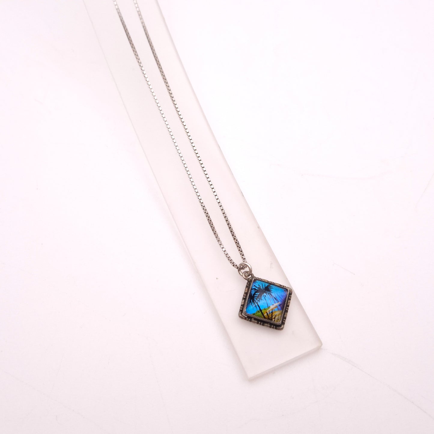 Sterling Silver Butterfly Wing Tropical Island Scene Small Necklace
