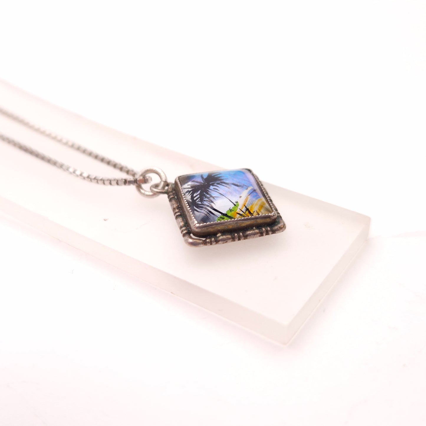 Sterling Silver Butterfly Wing Tropical Island Scene Small Necklace