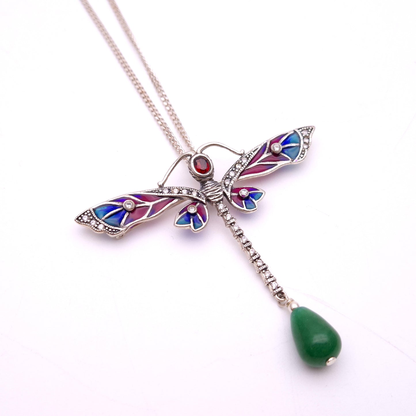 Sterling Silver Plique A Jour Garnet, Jade and CZ Dragonfly Pendant Necklace