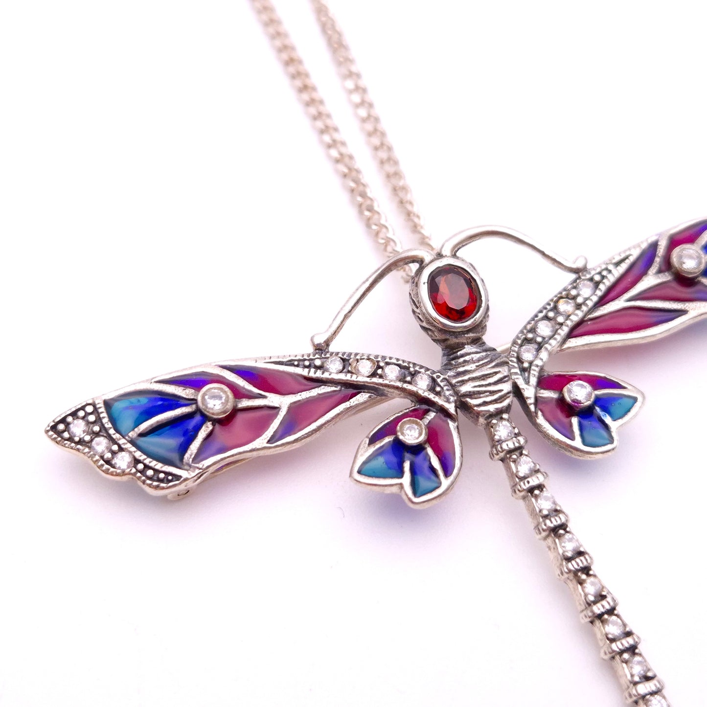 Sterling Silver Plique A Jour Garnet, Jade and CZ Dragonfly Pendant Necklace