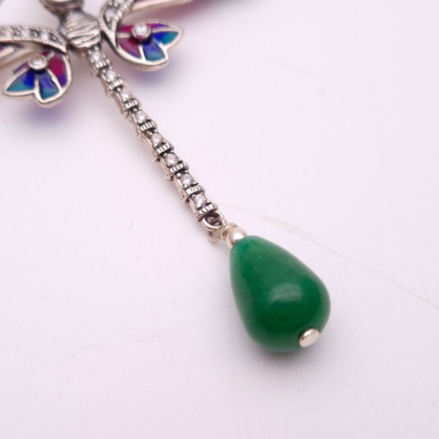 Sterling Silver Plique A Jour Garnet, Jade and CZ Dragonfly Pendant Necklace