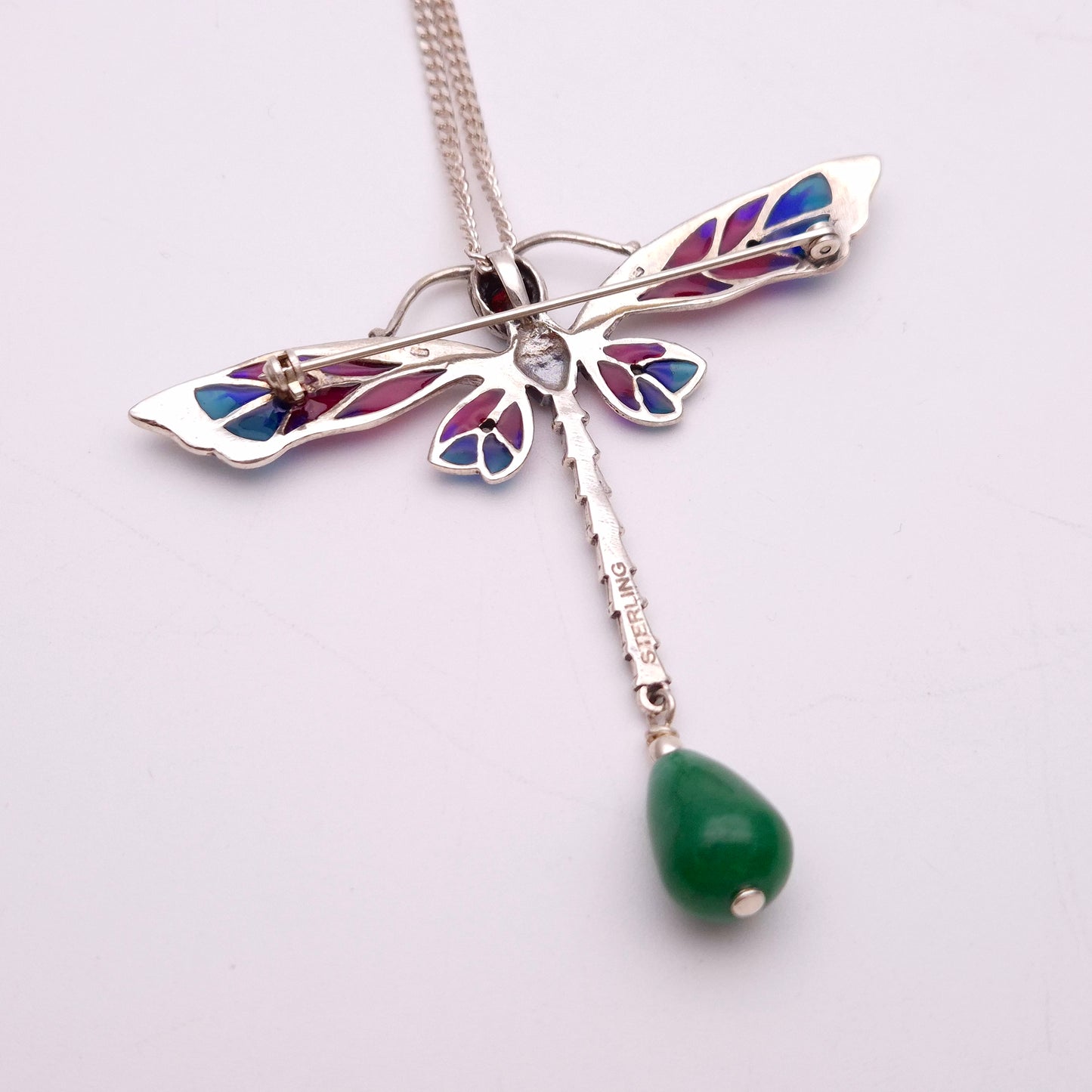 Sterling Silver Plique A Jour Garnet, Jade and CZ Dragonfly Pendant Necklace