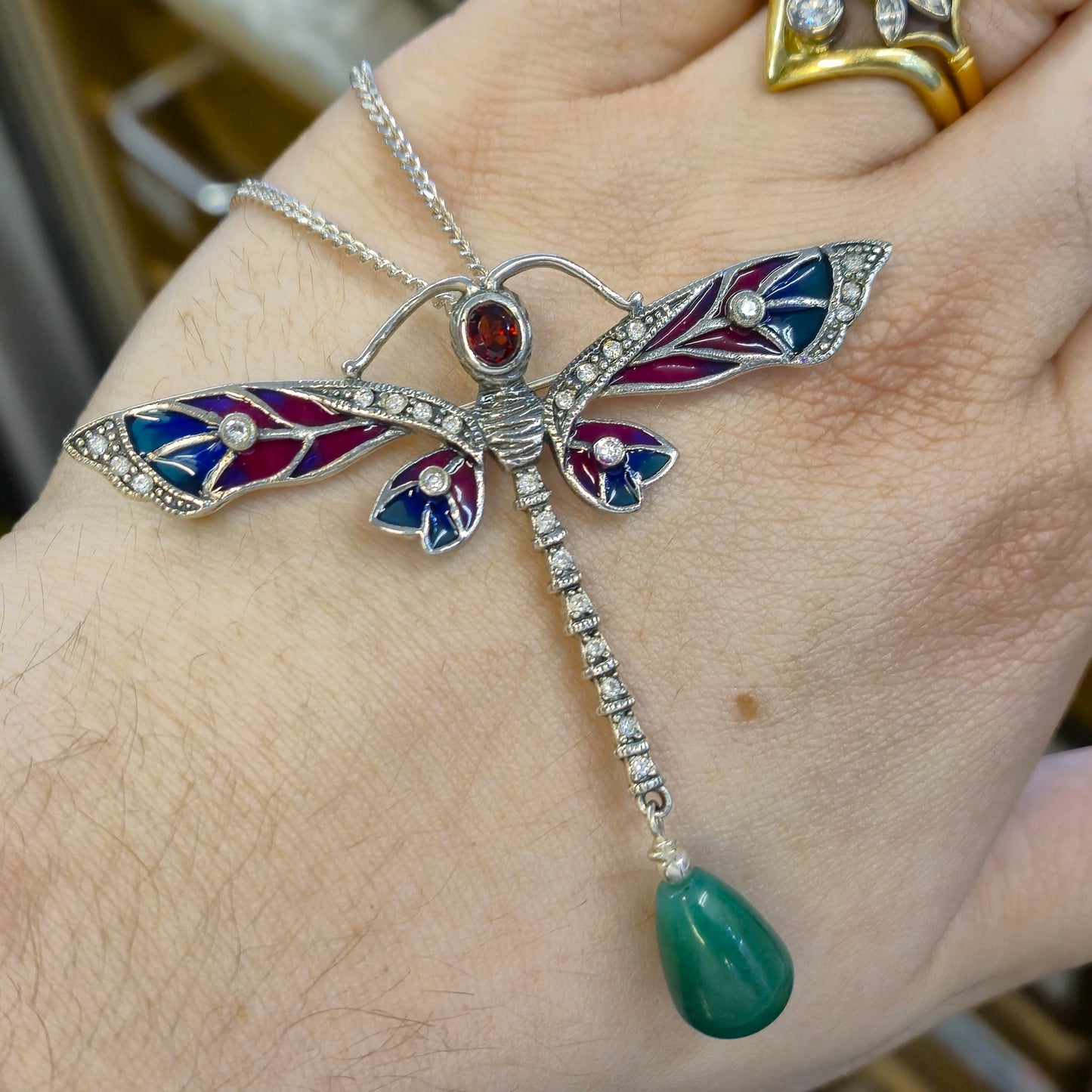 Sterling Silver Plique A Jour Garnet, Jade and CZ Dragonfly Pendant Necklace