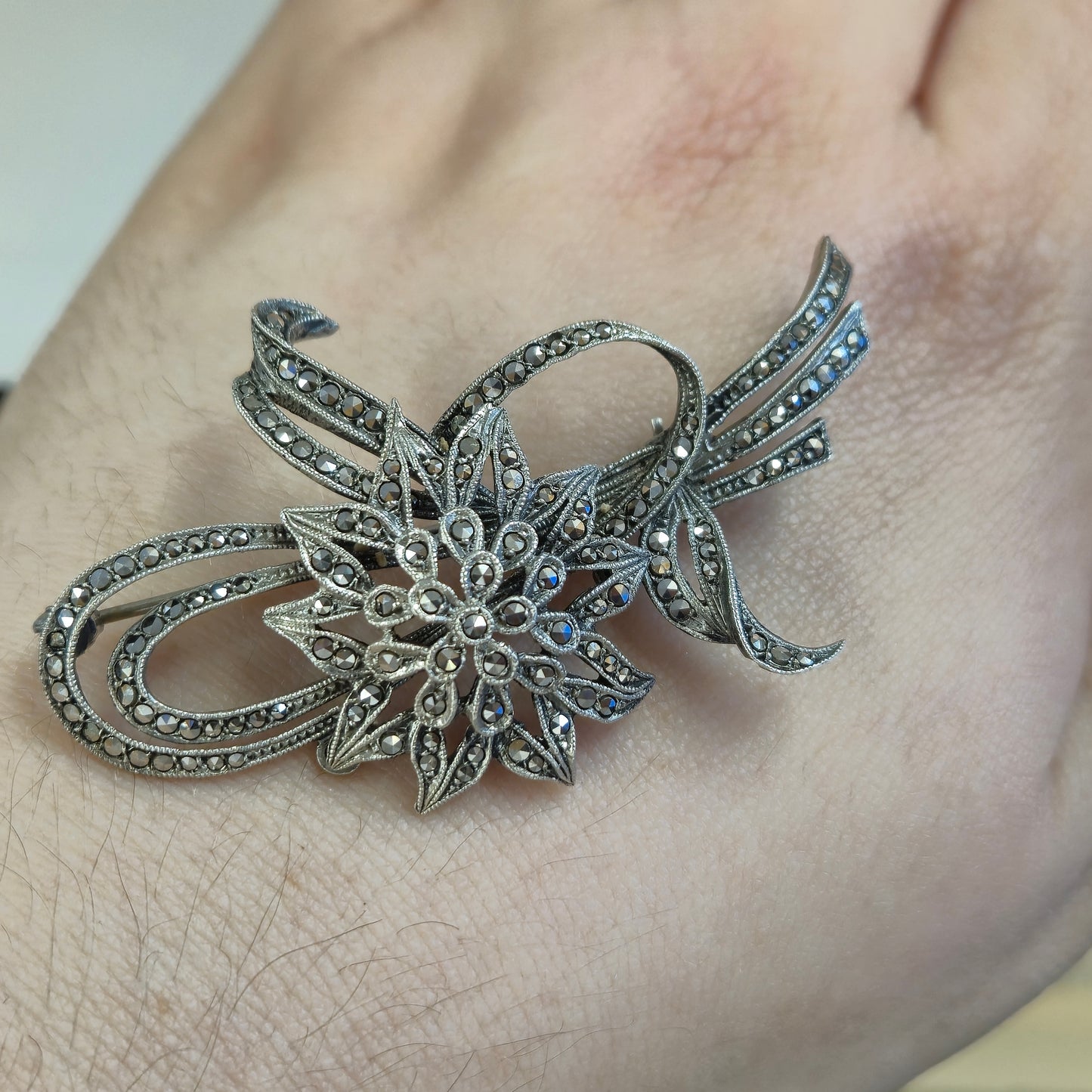 Sterling Silver Marcasite Floral Brooch