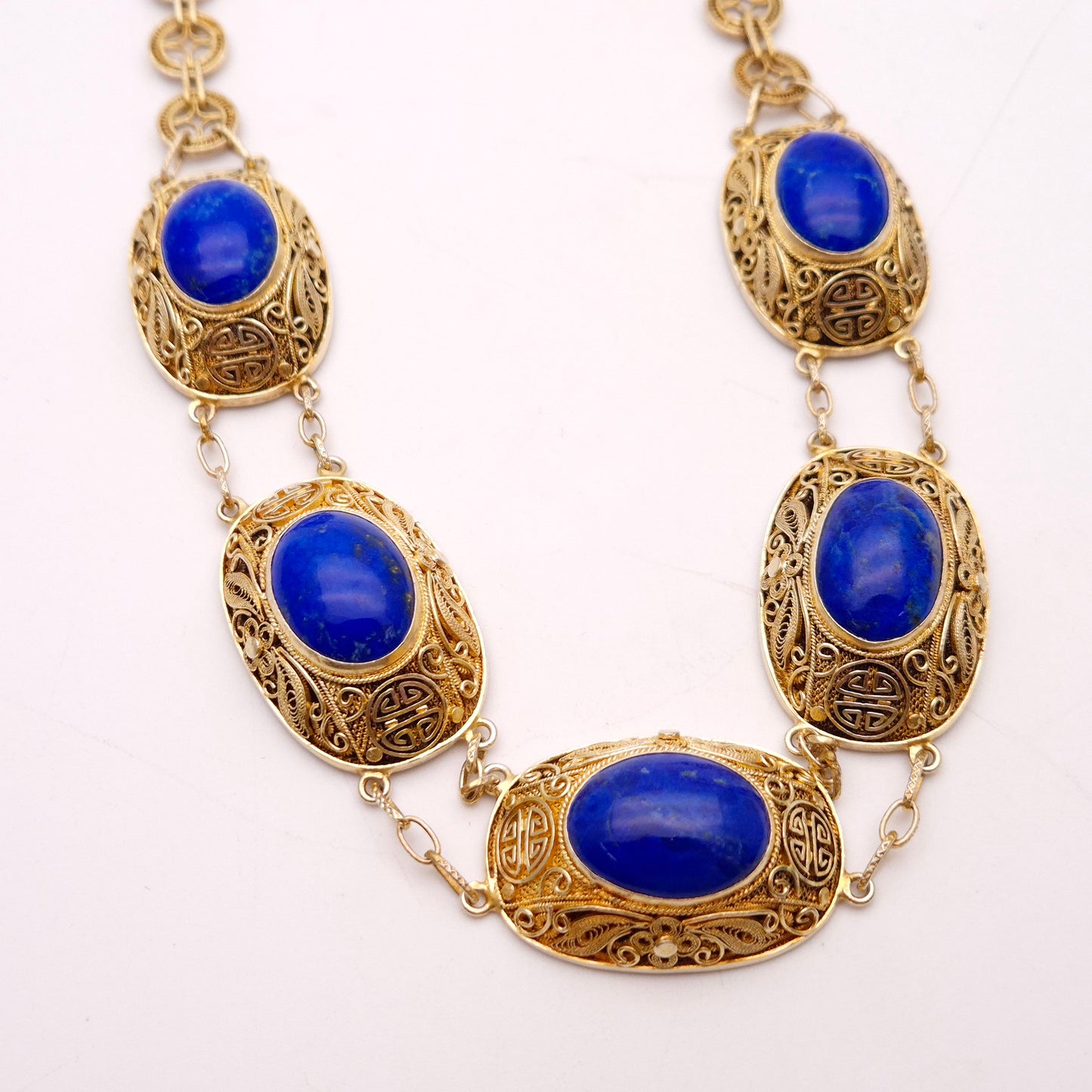 Gold plated Silver Vintage Chinese Lapis Lazuli Chunky Necklace