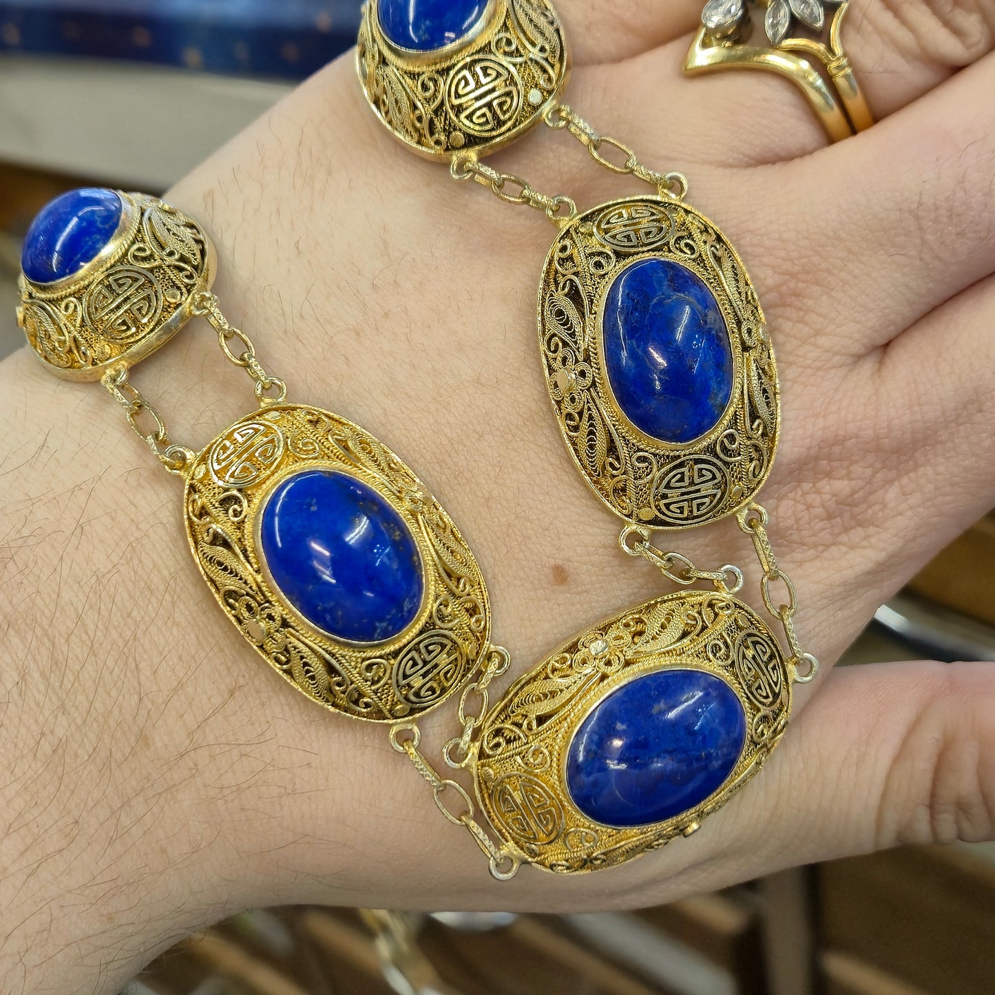 Gold plated Silver Vintage Chinese Lapis Lazuli Chunky Necklace