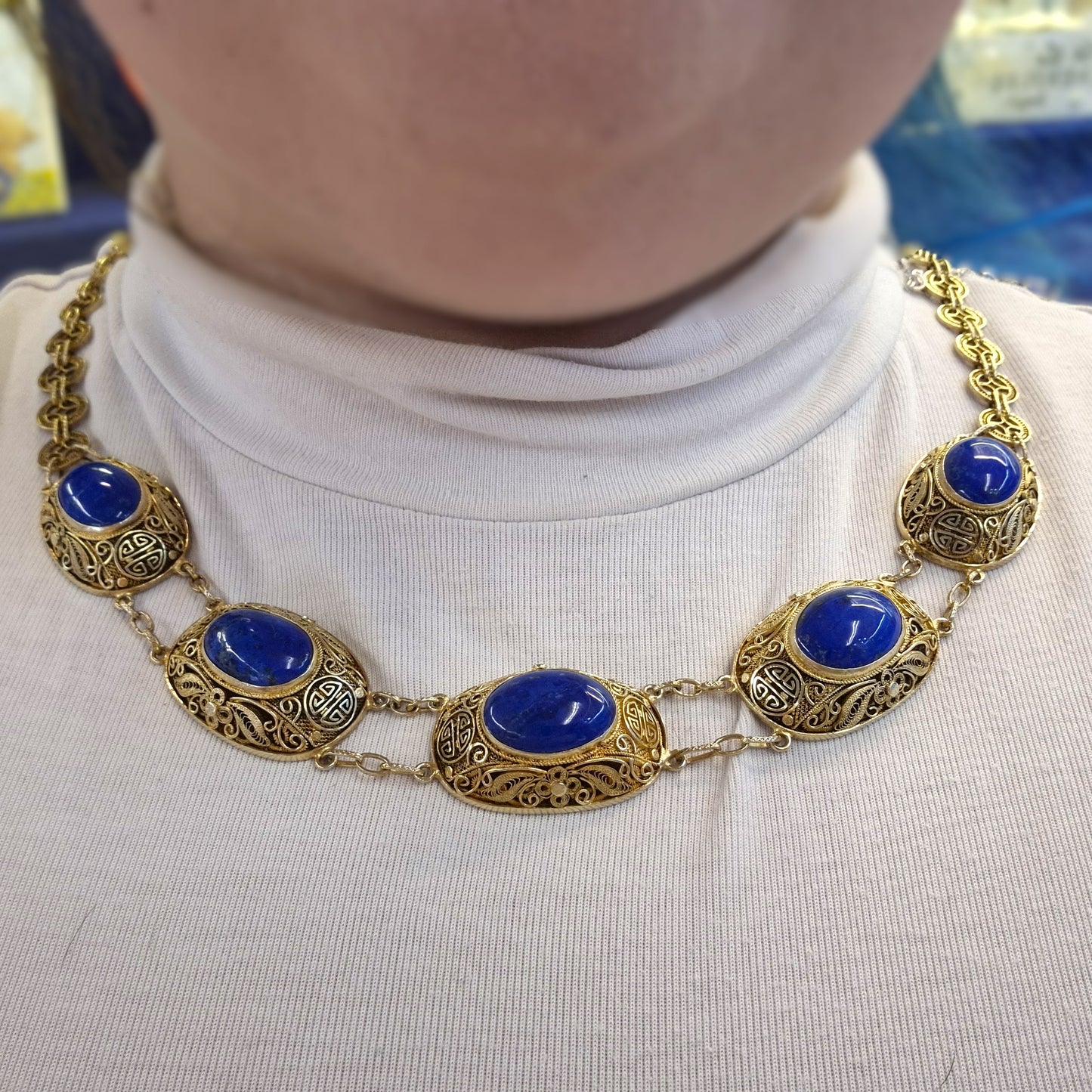 Gold plated Silver Vintage Chinese Lapis Lazuli Chunky Necklace