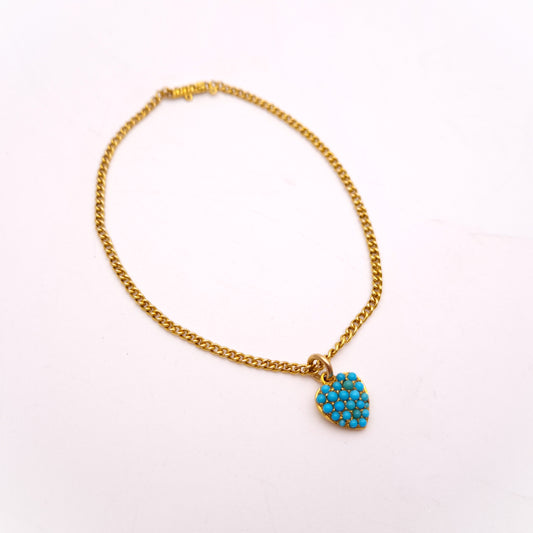 14ct / 15ct Yellow Gold Antique Turquoise Heart Charm and Curb Chain Bracelet