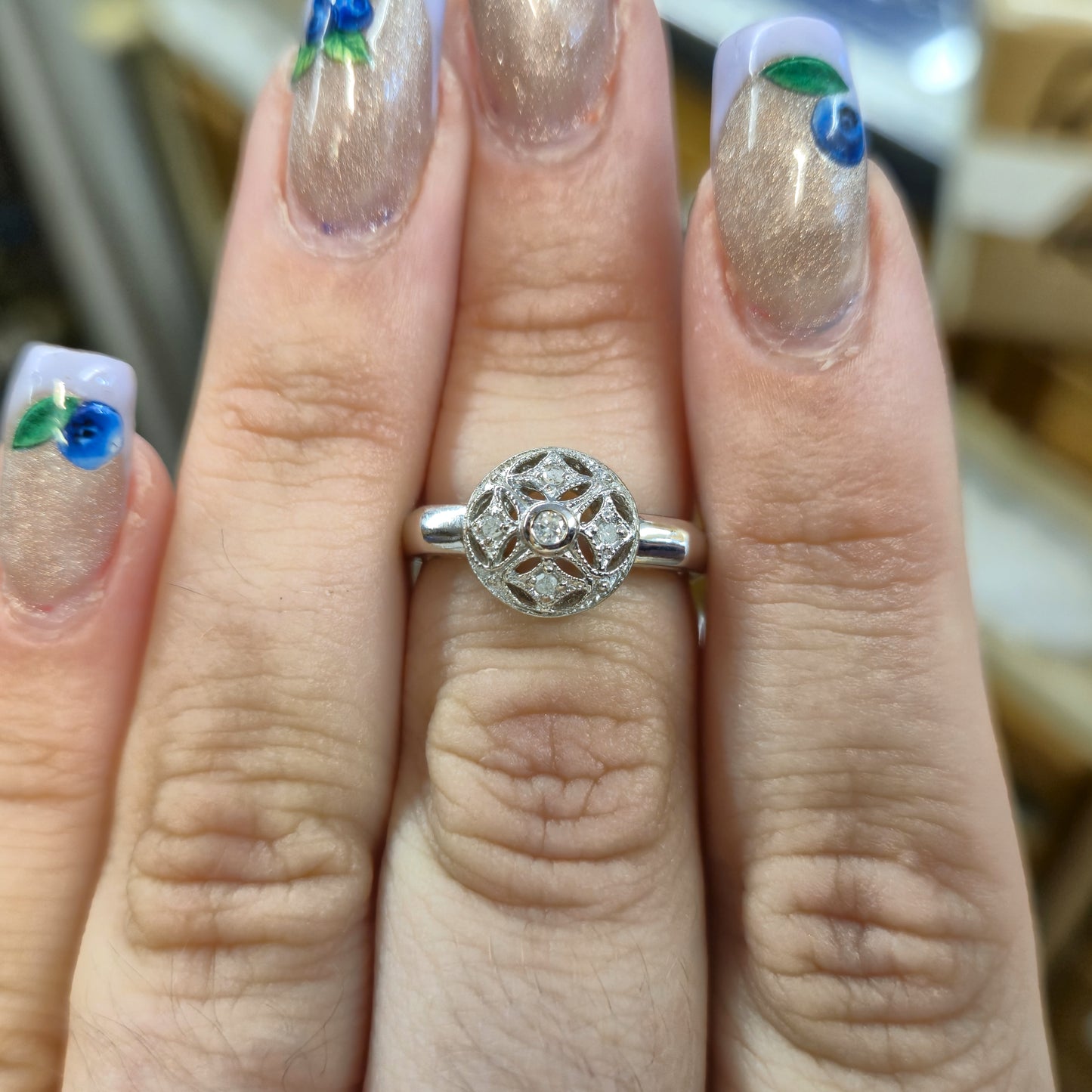 10ct White Gold Diamond Set Art Deco Style Openwork Ring