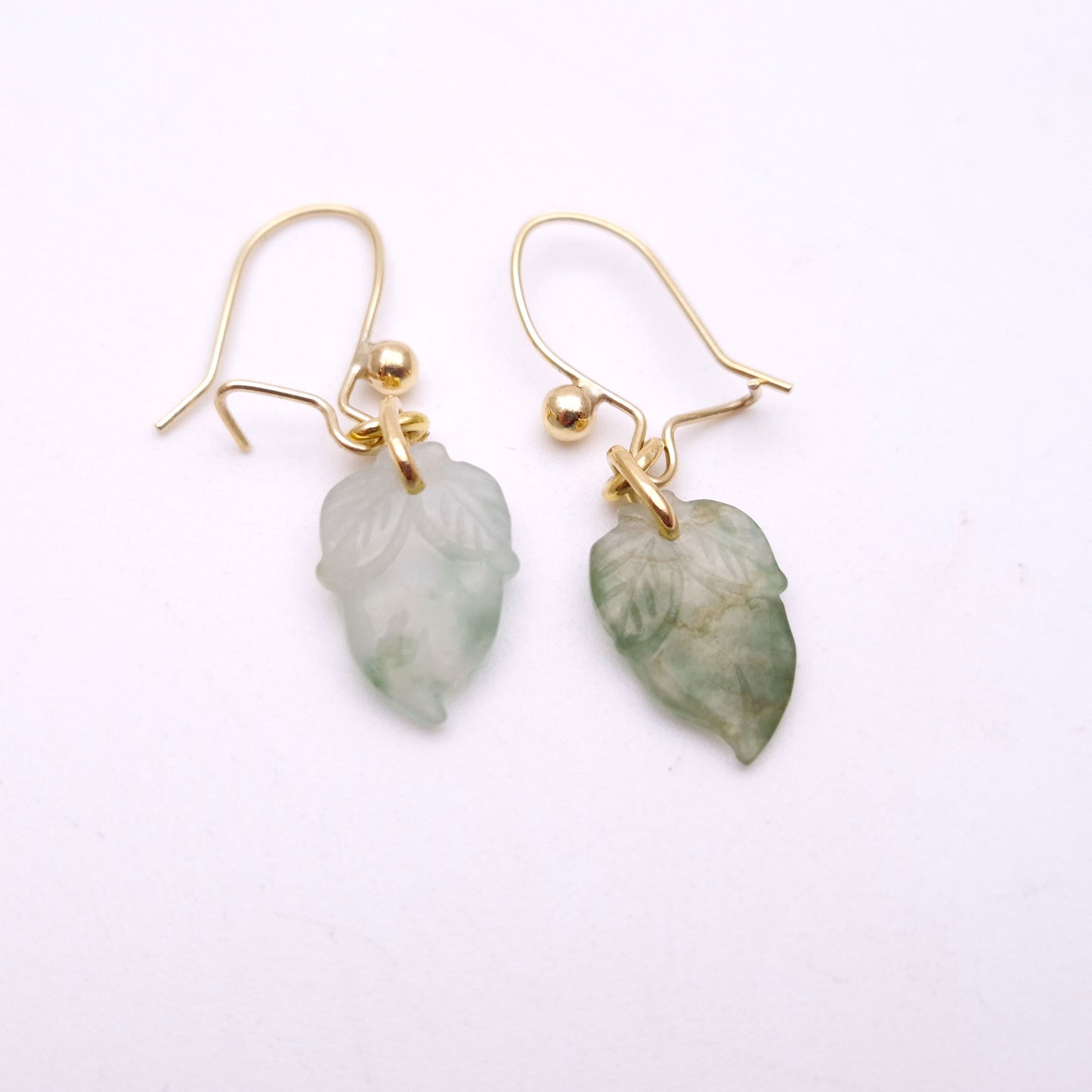 9ct Yellow Gold Carved Leaf Shape Jade Drop Earrings