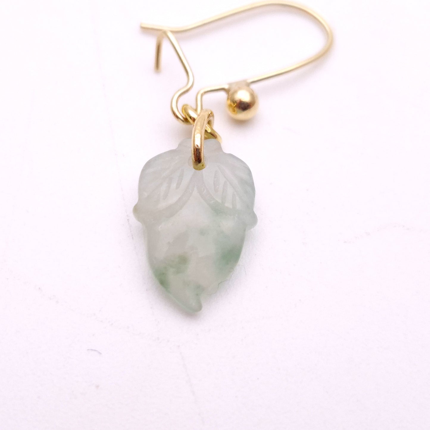 9ct Yellow Gold Carved Leaf Shape Jade Drop Earrings