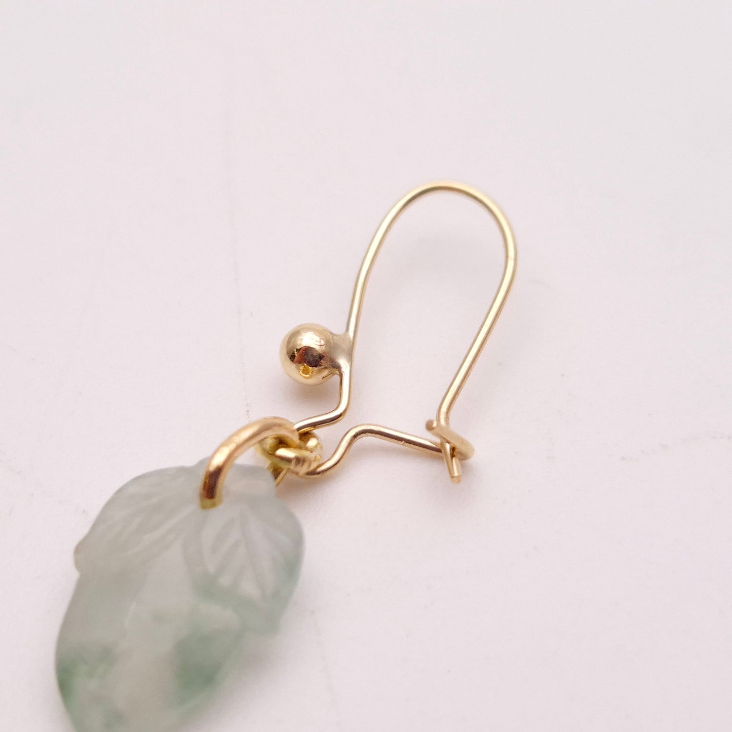 9ct Yellow Gold Carved Leaf Shape Jade Drop Earrings