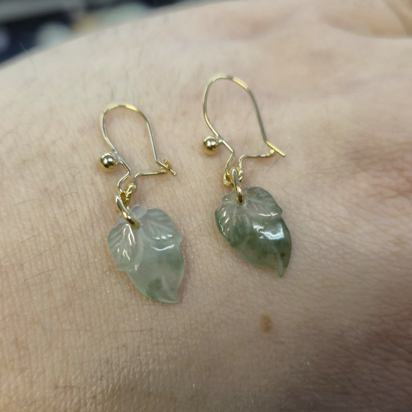 9ct Yellow Gold Carved Leaf Shape Jade Drop Earrings