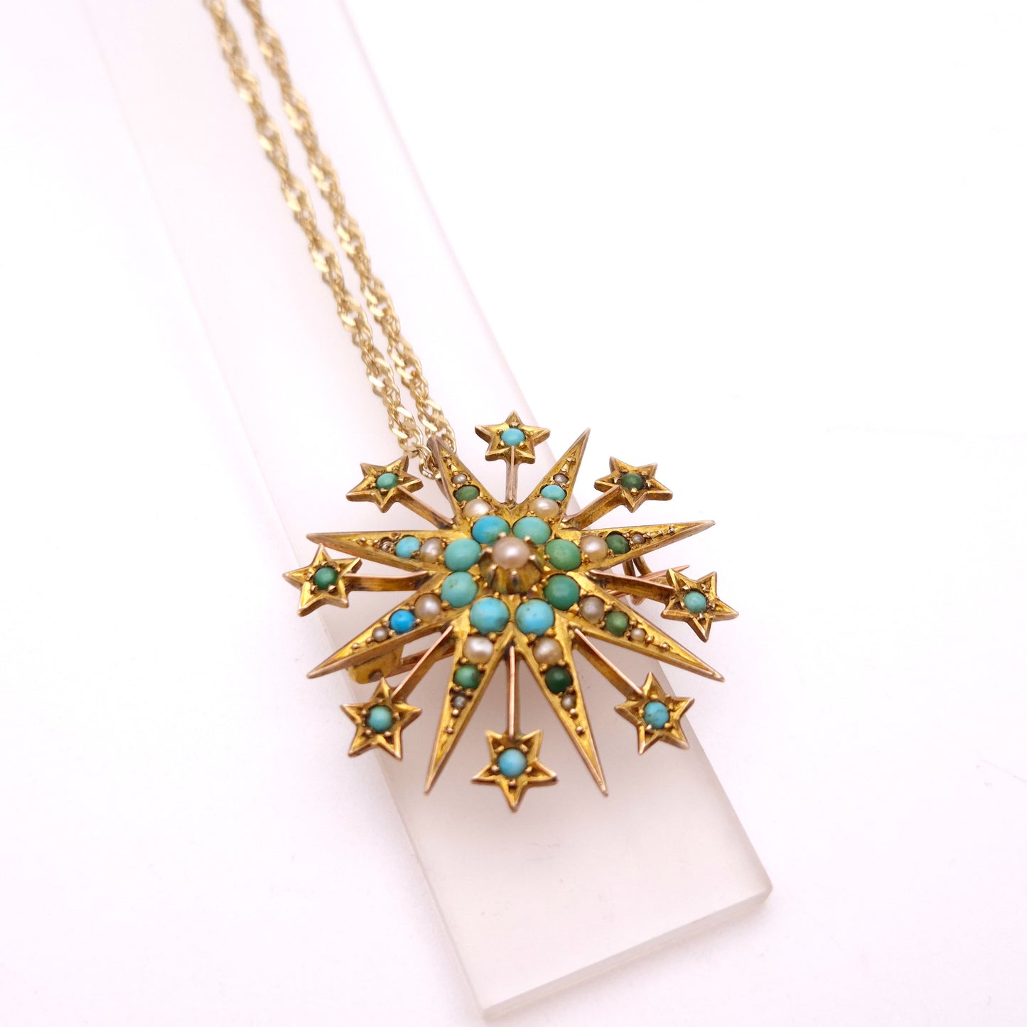 9ct Yellow Gold Antique Turquoise and Pearl Star Shaped Pendant/ Brooch Only