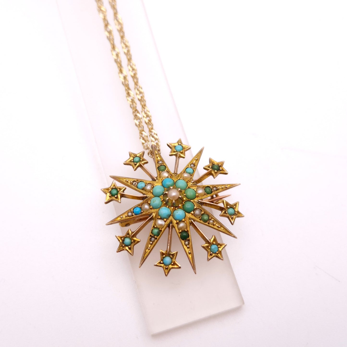 9ct Yellow Gold Antique Turquoise and Pearl Star Shaped Pendant/ Brooch Only
