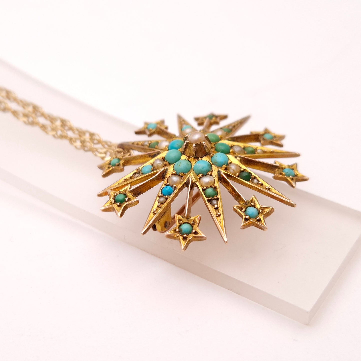 9ct Yellow Gold Antique Turquoise and Pearl Star Shaped Pendant/ Brooch Only