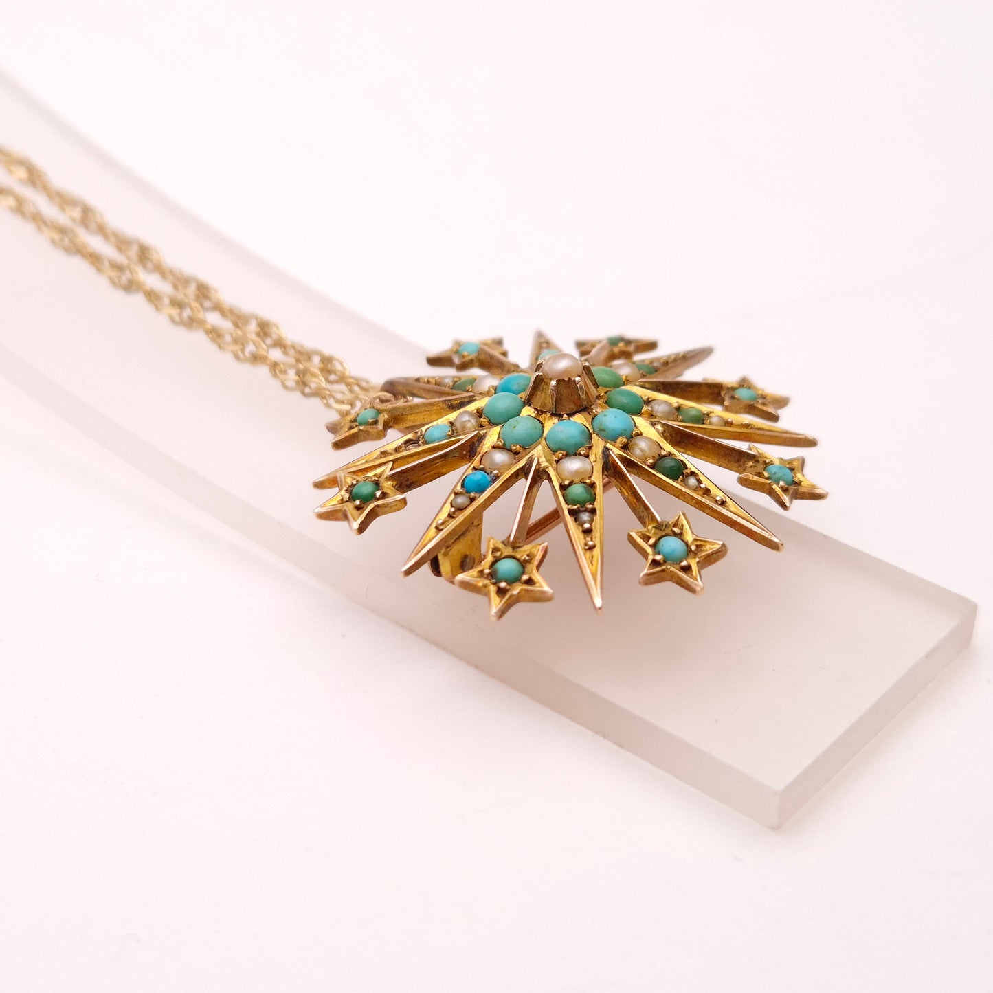 9ct Yellow Gold Antique Turquoise and Pearl Star Shaped Pendant/ Brooch Only