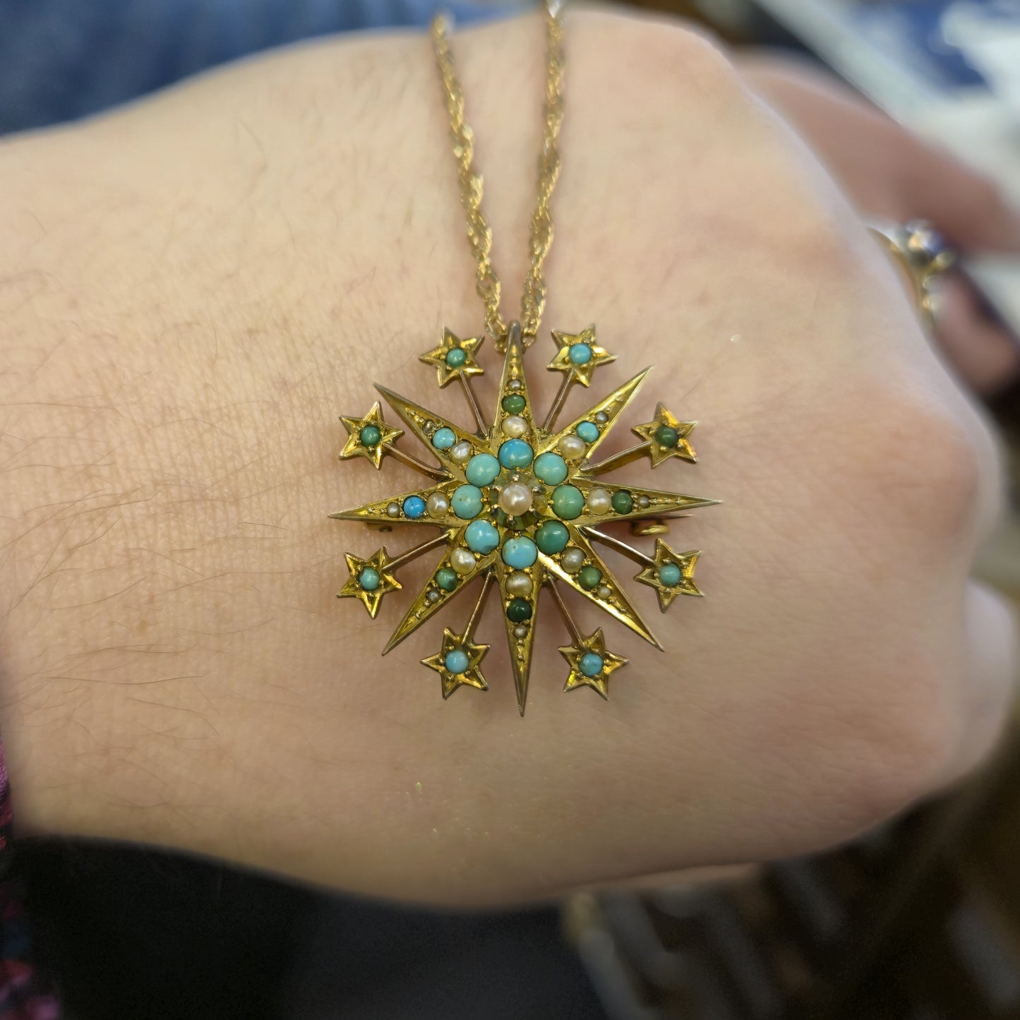 9ct Yellow Gold Antique Turquoise and Pearl Star Shaped Pendant/ Brooch Only