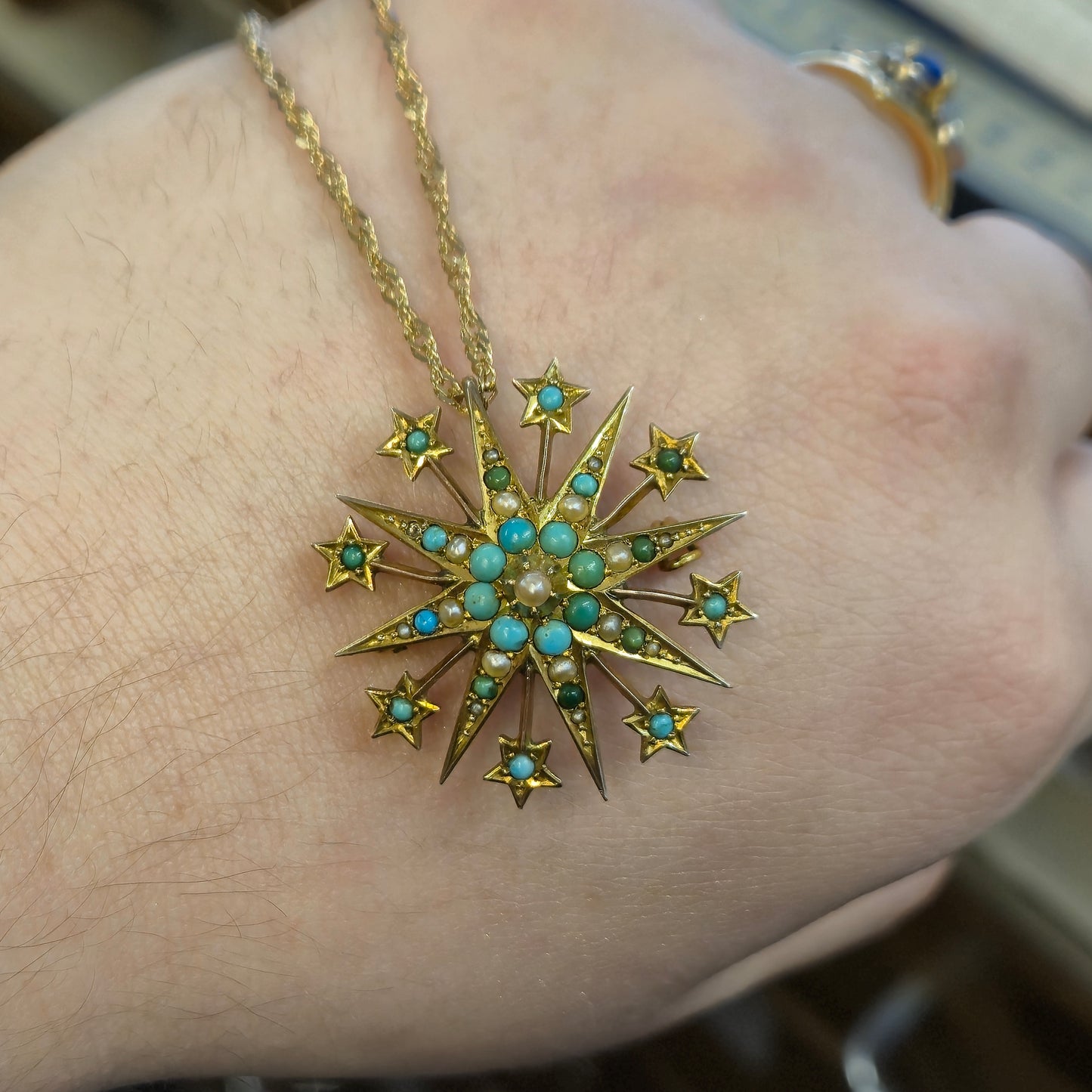 9ct Yellow Gold Antique Turquoise and Pearl Star Shaped Pendant/ Brooch Only