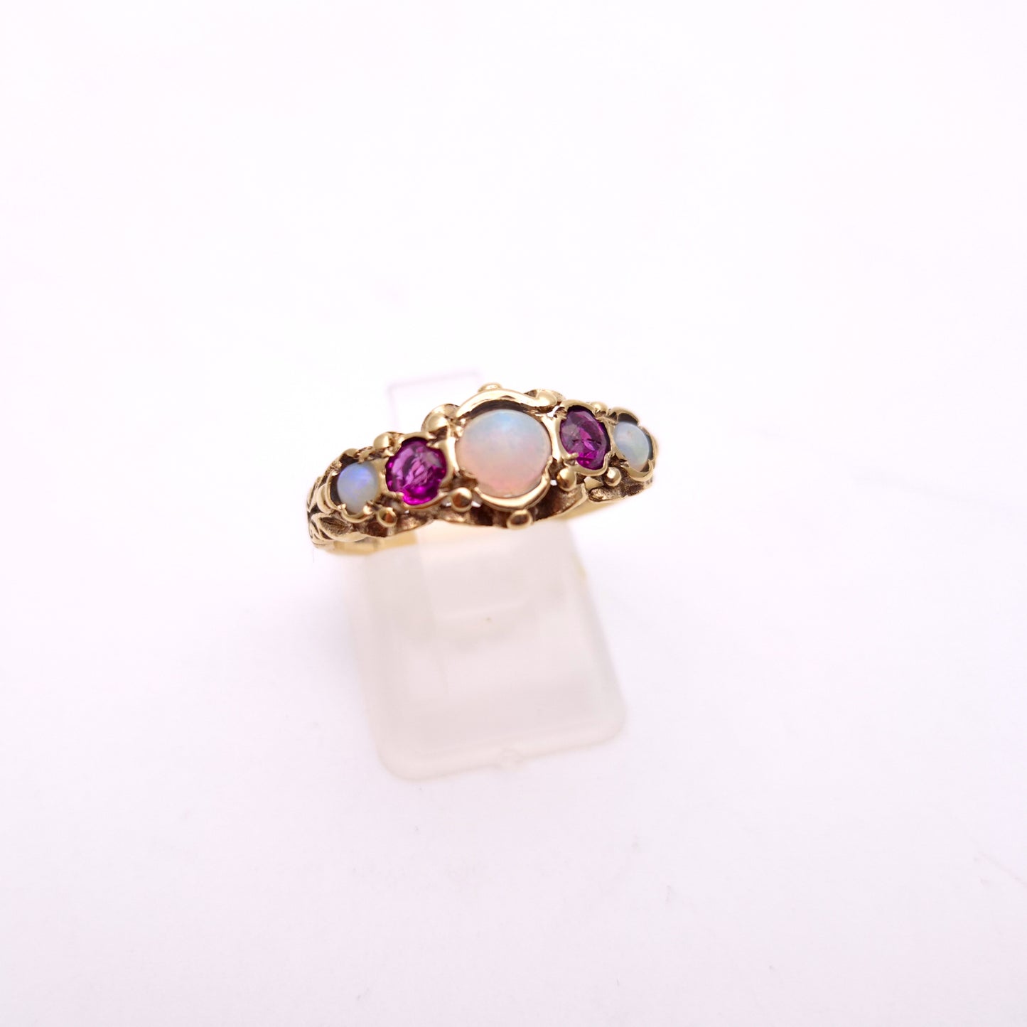 9ct Yellow Gold Vintage Opal and Ruby Five Stone Repro Row Ring