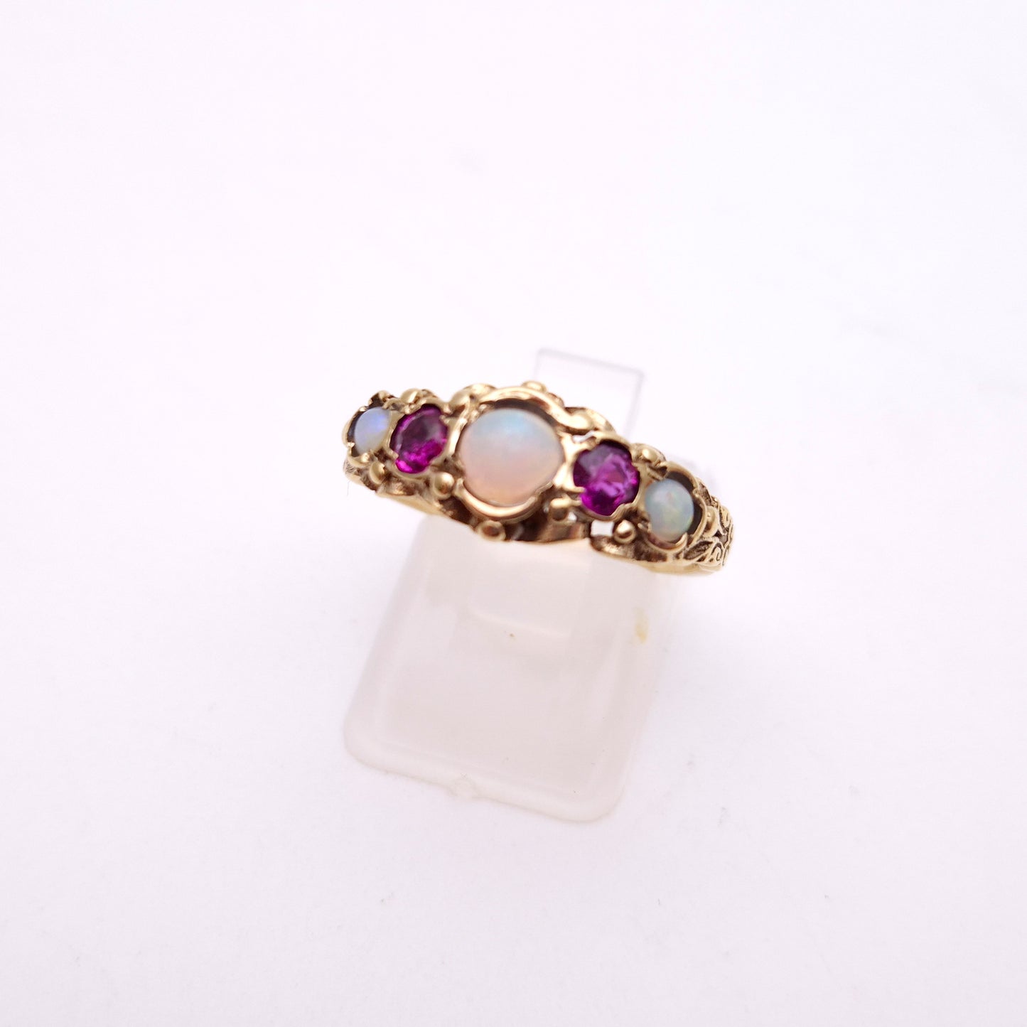 9ct Yellow Gold Vintage Opal and Ruby Five Stone Repro Row Ring