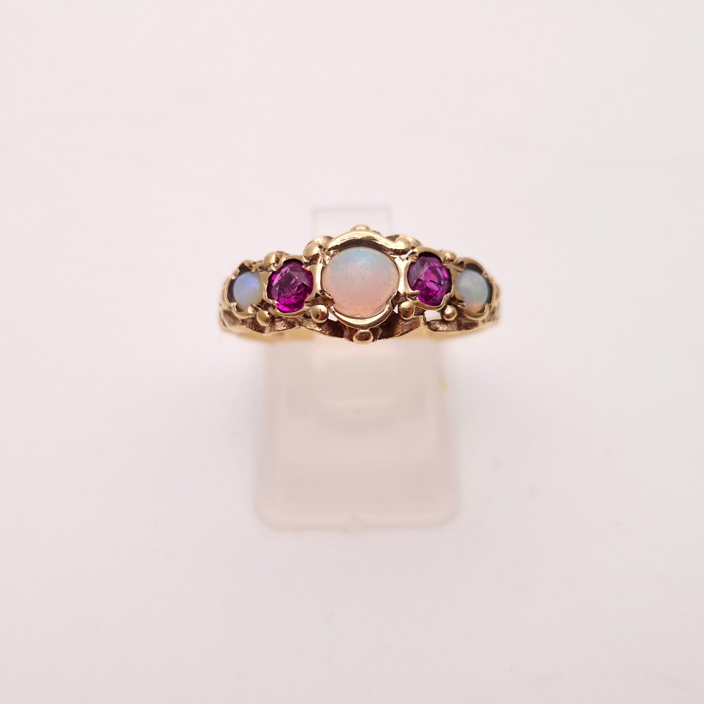 9ct Yellow Gold Vintage Opal and Ruby Five Stone Repro Row Ring