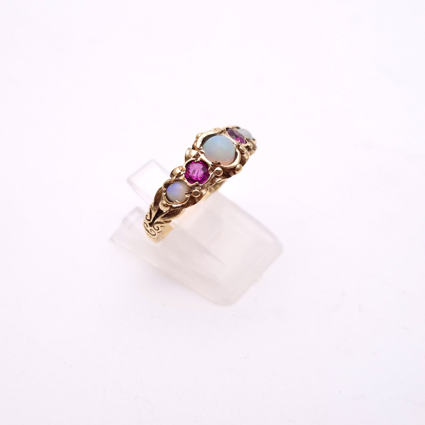 9ct Yellow Gold Vintage Opal and Ruby Five Stone Repro Row Ring