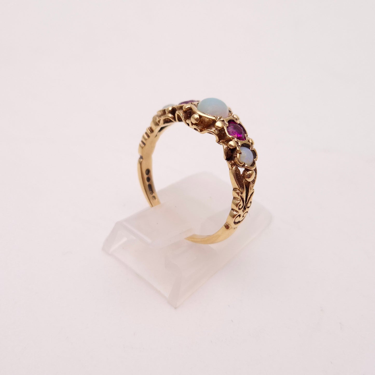 9ct Yellow Gold Vintage Opal and Ruby Five Stone Repro Row Ring