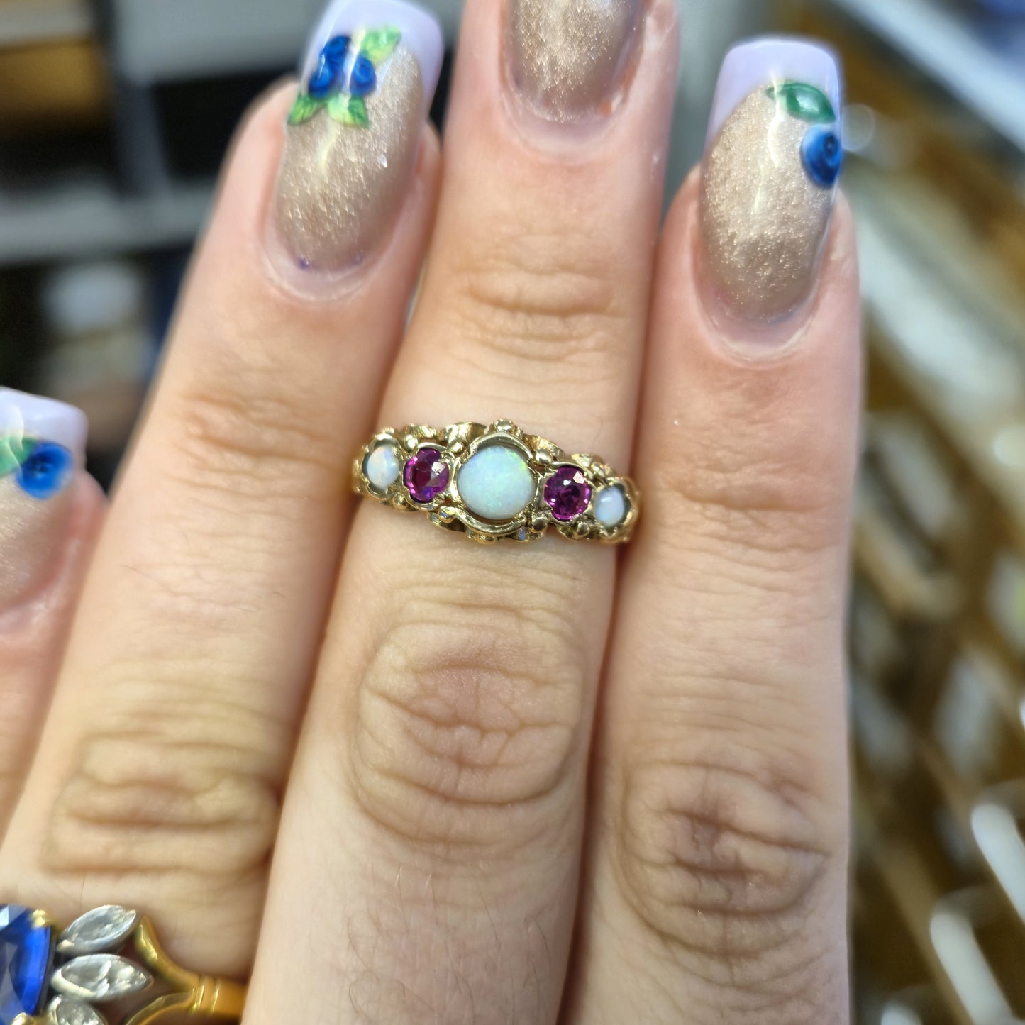 9ct Yellow Gold Vintage Opal and Ruby Five Stone Repro Row Ring