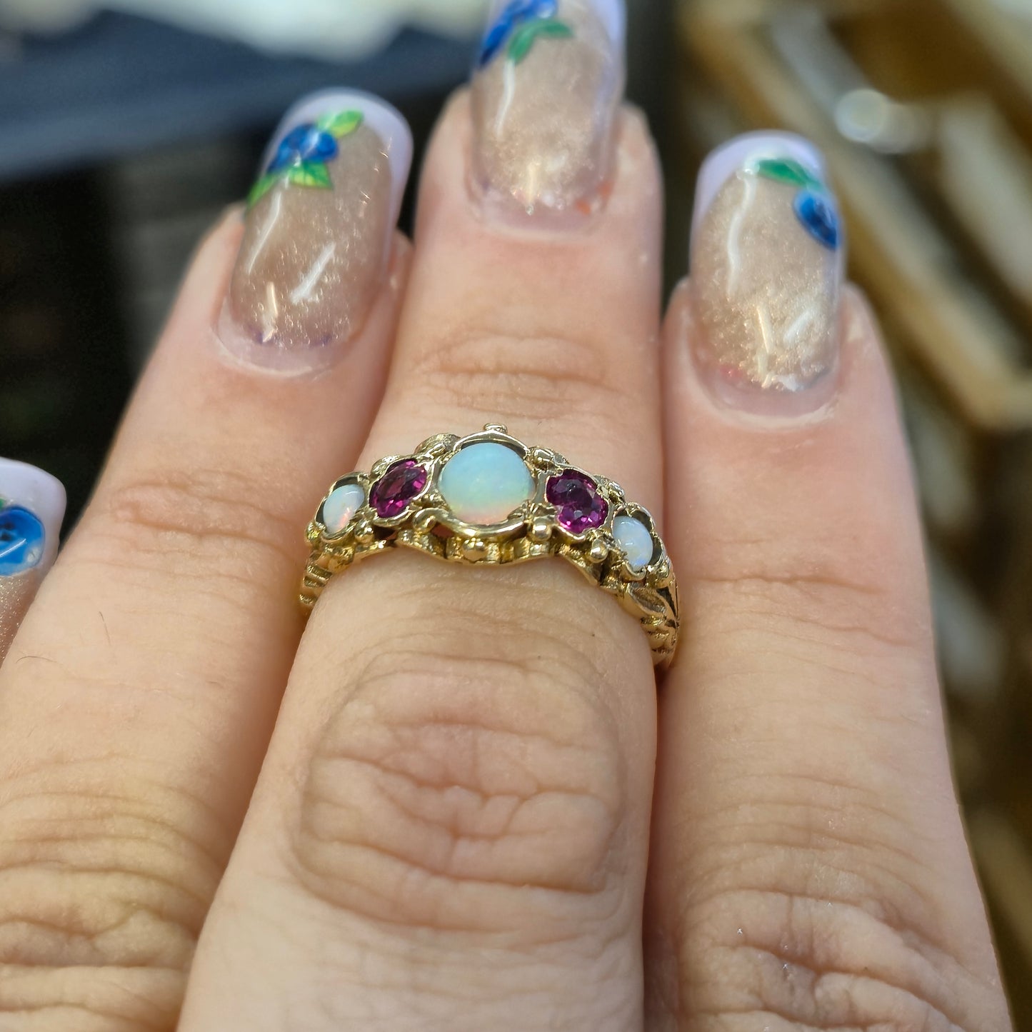 9ct Yellow Gold Vintage Opal and Ruby Five Stone Repro Row Ring